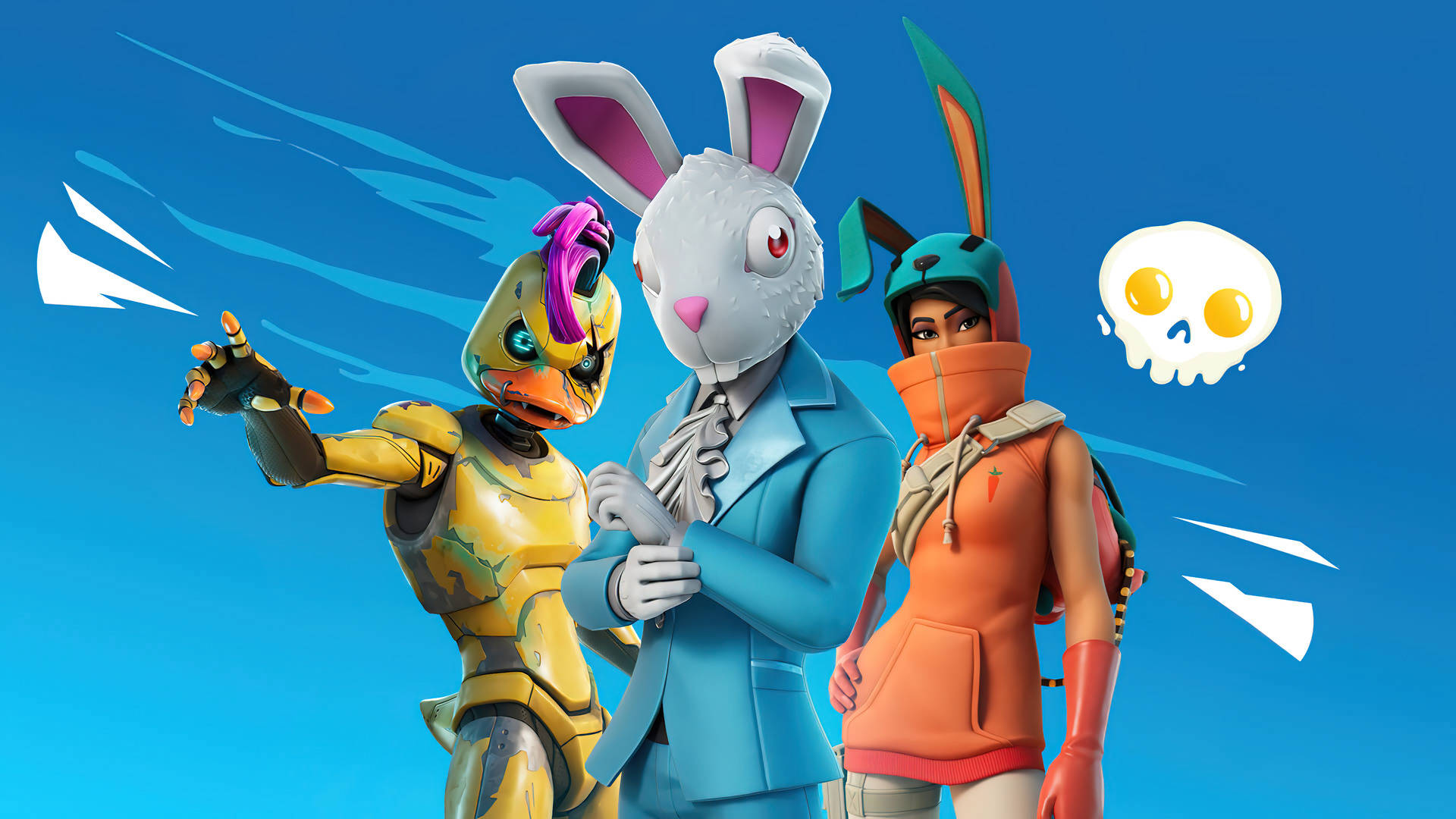 電玩遊戲 桌布 壁紙 — 三個穿著兔子主題服裝的 Fortnite 角色，在明亮的藍天下，配合動態線條和一個漂浮的骷髏頭，擺出動感姿勢。