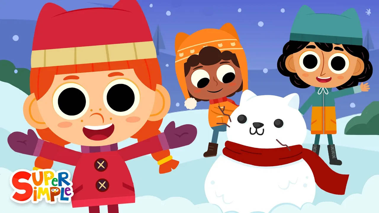 三個穿著冬季服裝的小孩在雪景中與雪人玩耍。 — 雪人 壁紙