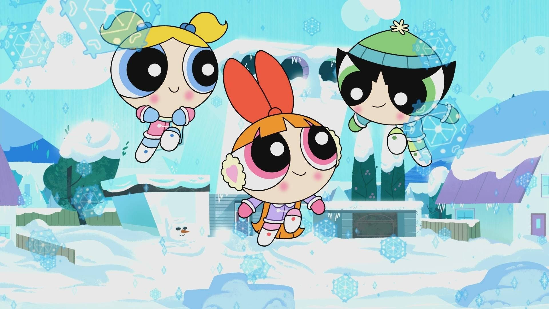 girls 桌布 壁紙 — 三個穿著冬季裝備的卡通女孩在雪花飄落和冰凍屋頂的雪村上空快樂地漂浮。