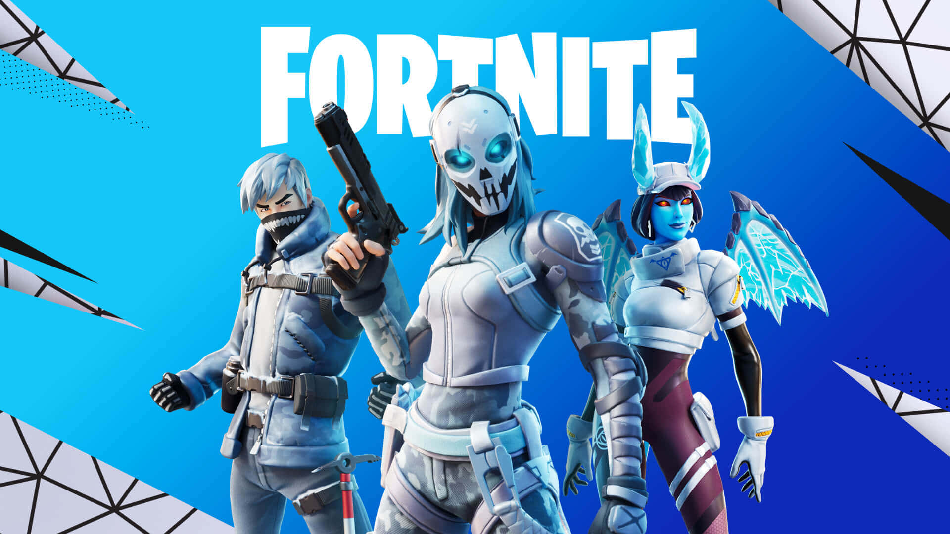 Fortnite 桌布 壁紙 — 三個穿著冰霜盔甲的Fortnite角色站在充滿活力的藍色幾何背景前，並帶有遊戲標題。