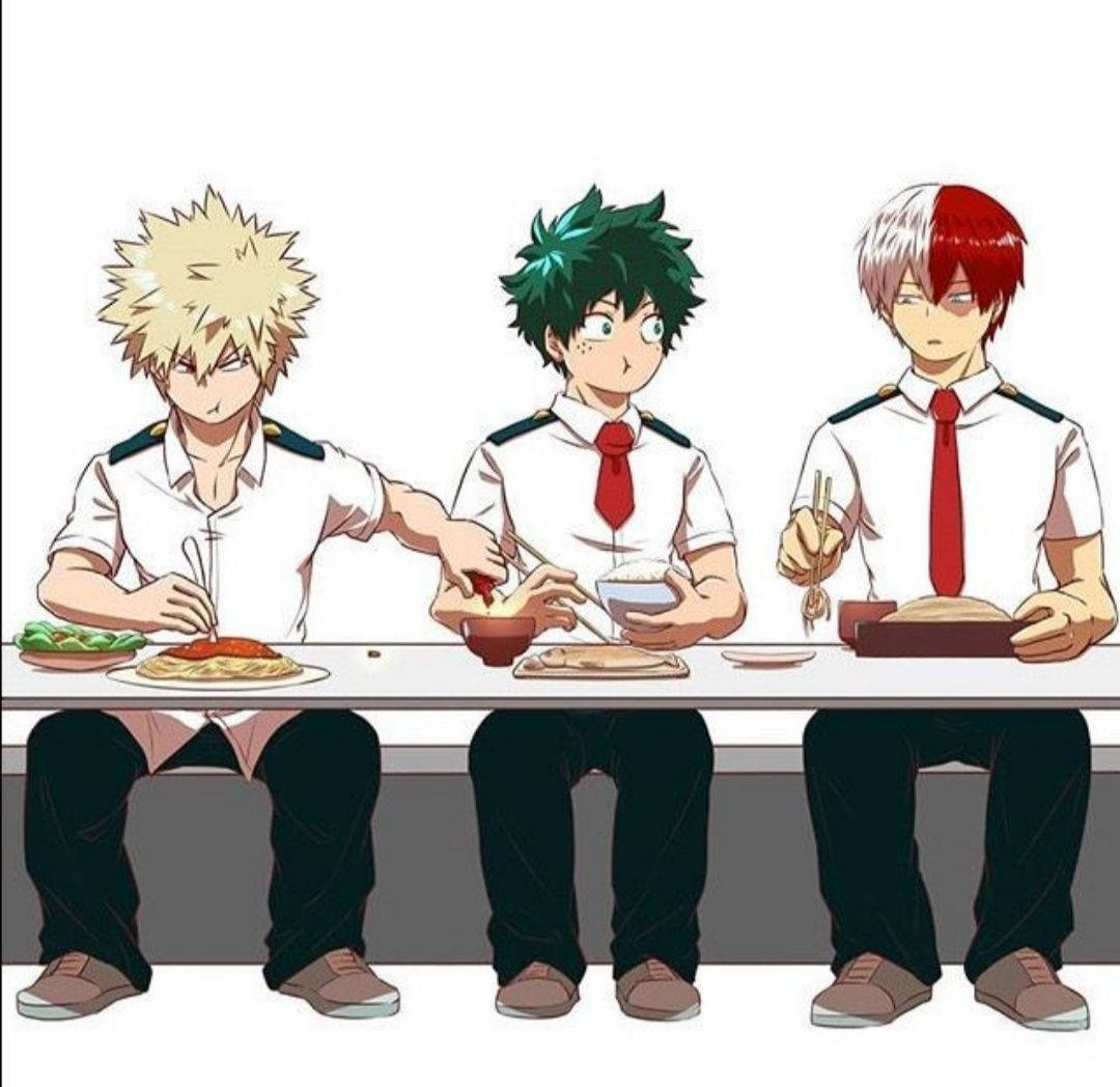 Todobakudeku 桌布 壁紙 — 三個穿著制服的動畫男孩在一張簡單的桌子上一同吃午餐，表情專注。