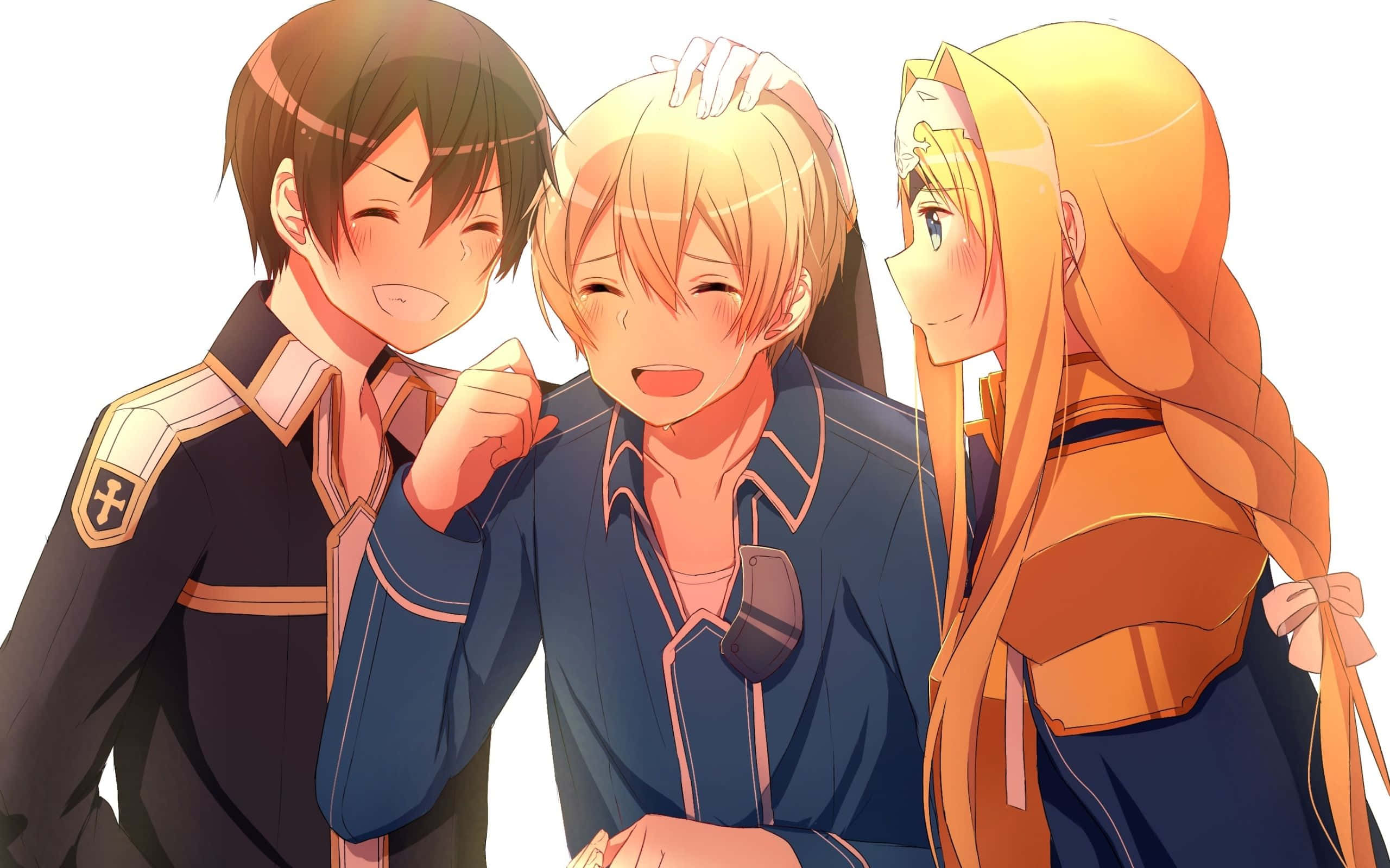 Sword Art Online Eugeo 桌布 壁紙 — 三個穿著制服的動畫角色分享一個溫暖、有趣的時刻，帶有明亮的橙色和藍色色調。