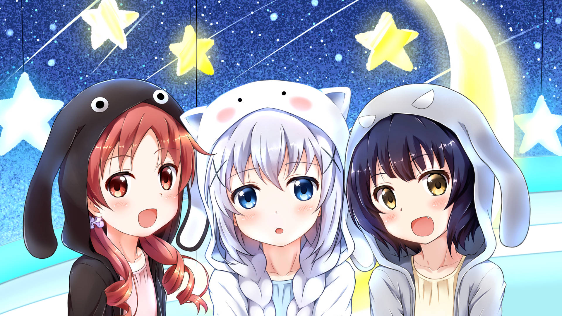 Aesthetic Anime Pfp 桌布 壁紙 — 三個穿著動物連帽衫的動漫女孩，驚奇地凝視著帶有彎月的星空夜空。