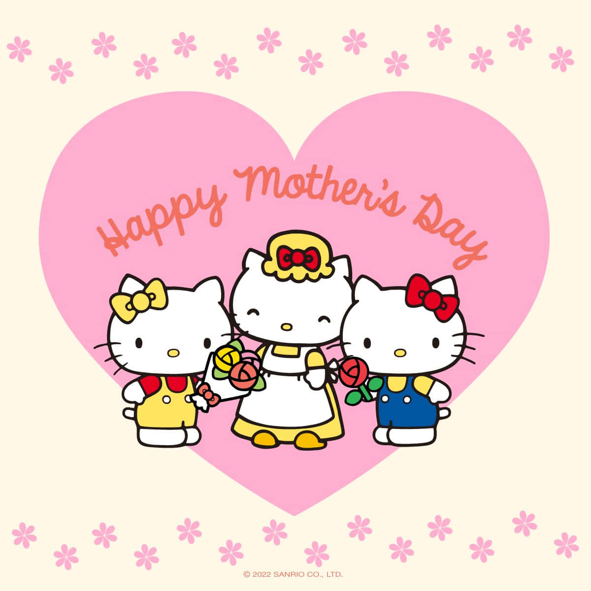 Mary White 桌布 壁紙 — 三個穿著可愛服裝的Hello Kitty角色在粉紅色心形內拿著花朵，並帶有「Happy Mother's Day」文字。