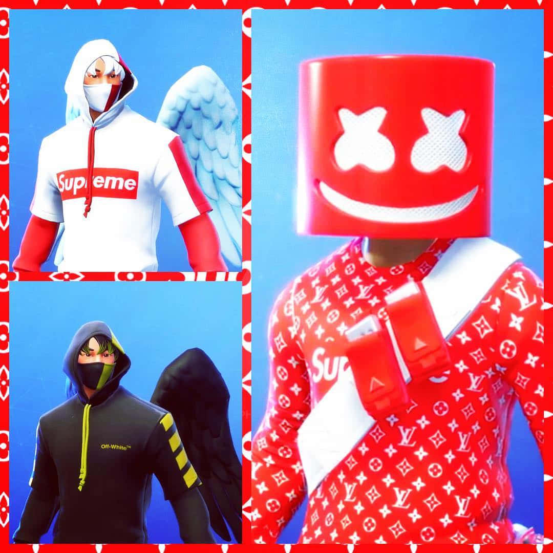 紅色動圖 桌布 壁紙 — 三個穿著品牌服裝、帶有天使翅膀的Fortnite角色，背景為藍色，並由紅色圖案邊框框住。