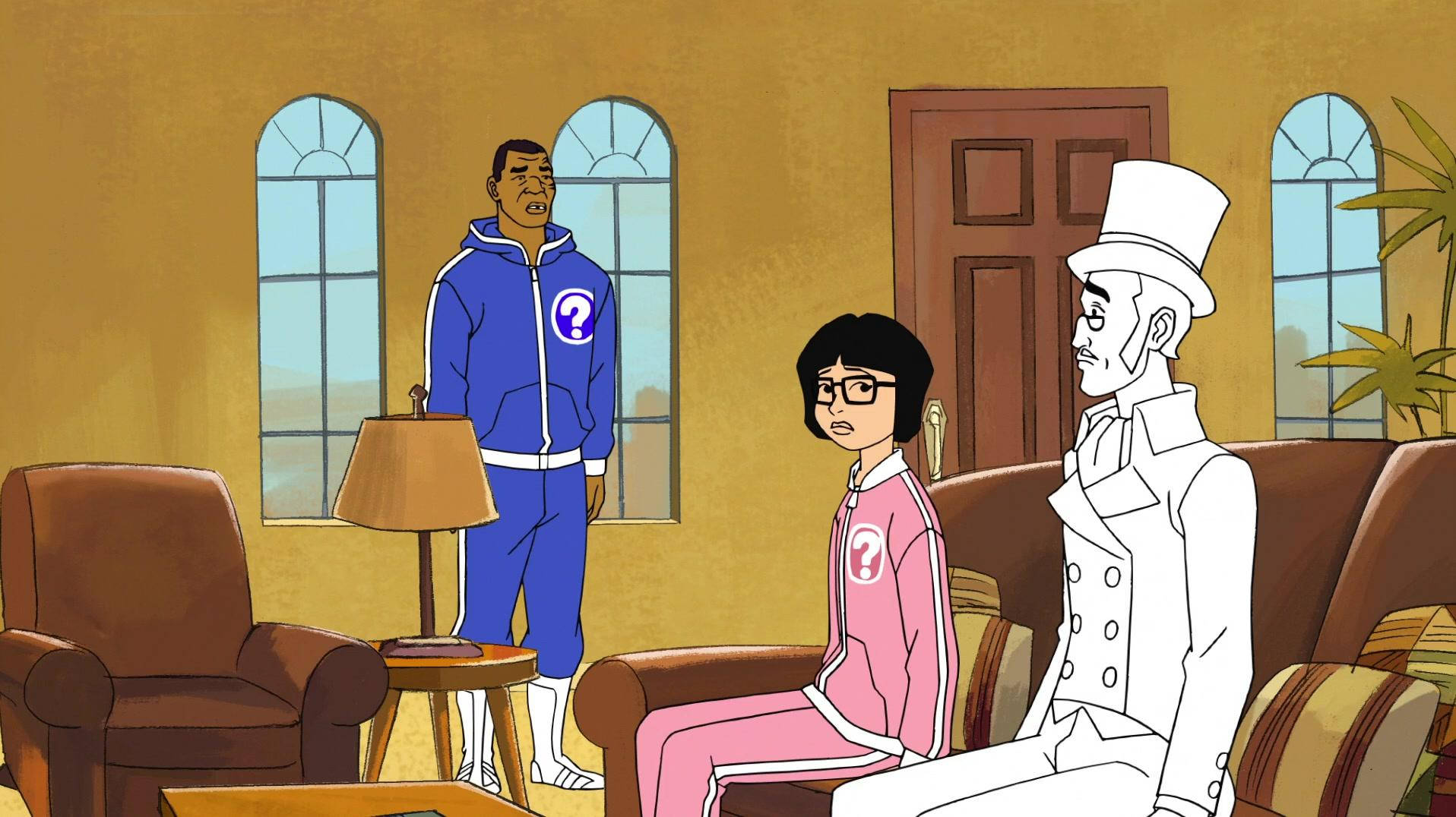Animated 桌布 壁紙 — 三個穿著問號運動服的動畫角色坐在一個光線溫暖、有拱形窗戶和家具的客廳裡。