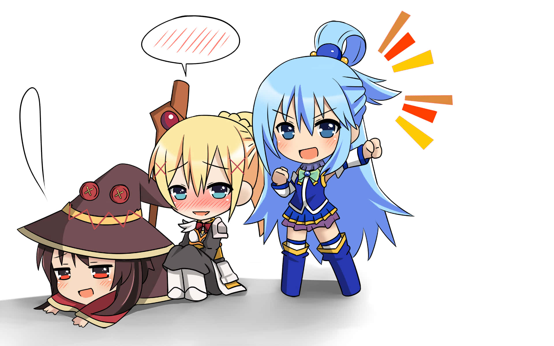 Konosuba 桌布 壁紙 — 三個穿著奇幻服裝的Q版動漫角色，以富有表現力的臉孔和動態能量線條擺出姿勢。