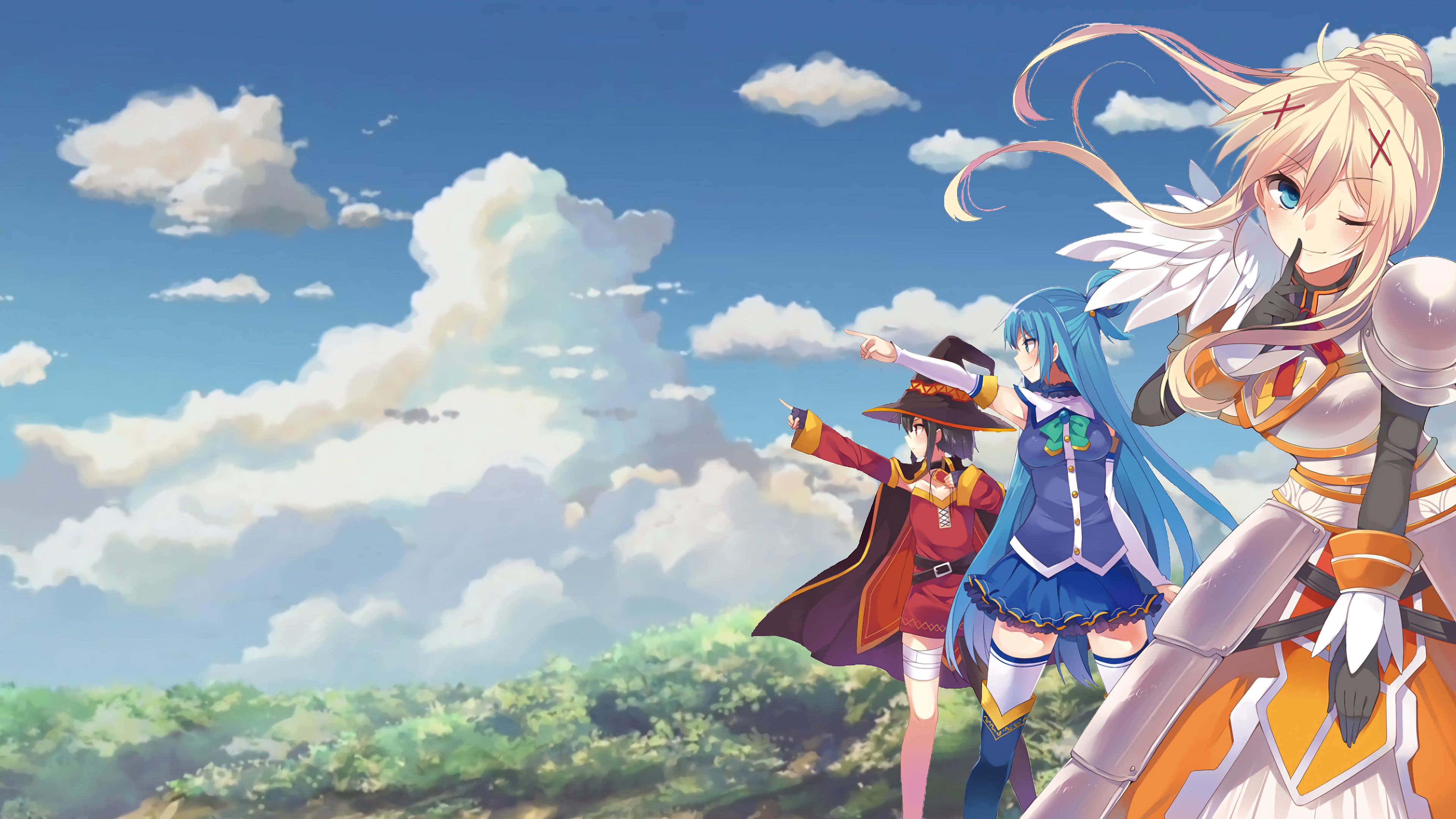 Konosuba 桌布 壁紙 — 三個穿著奇幻服裝的動漫女孩站在長滿草的山丘上，天空湛藍，白雲朵朵。