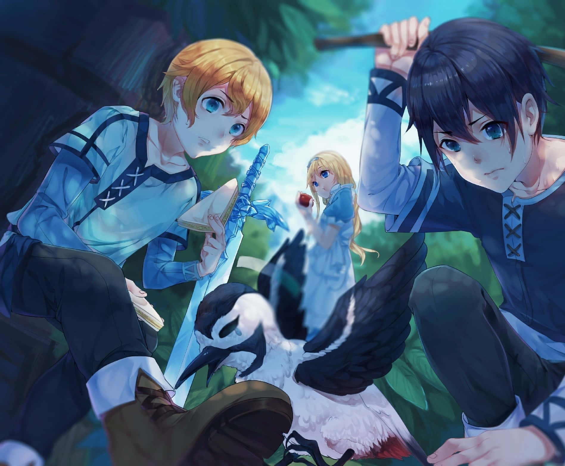 Sword Art Online Eugeo 桌布 壁紙 — 三個穿著奇幻服裝的動漫角色在茂密的綠色森林空地中蹲在一隻鳥周圍。