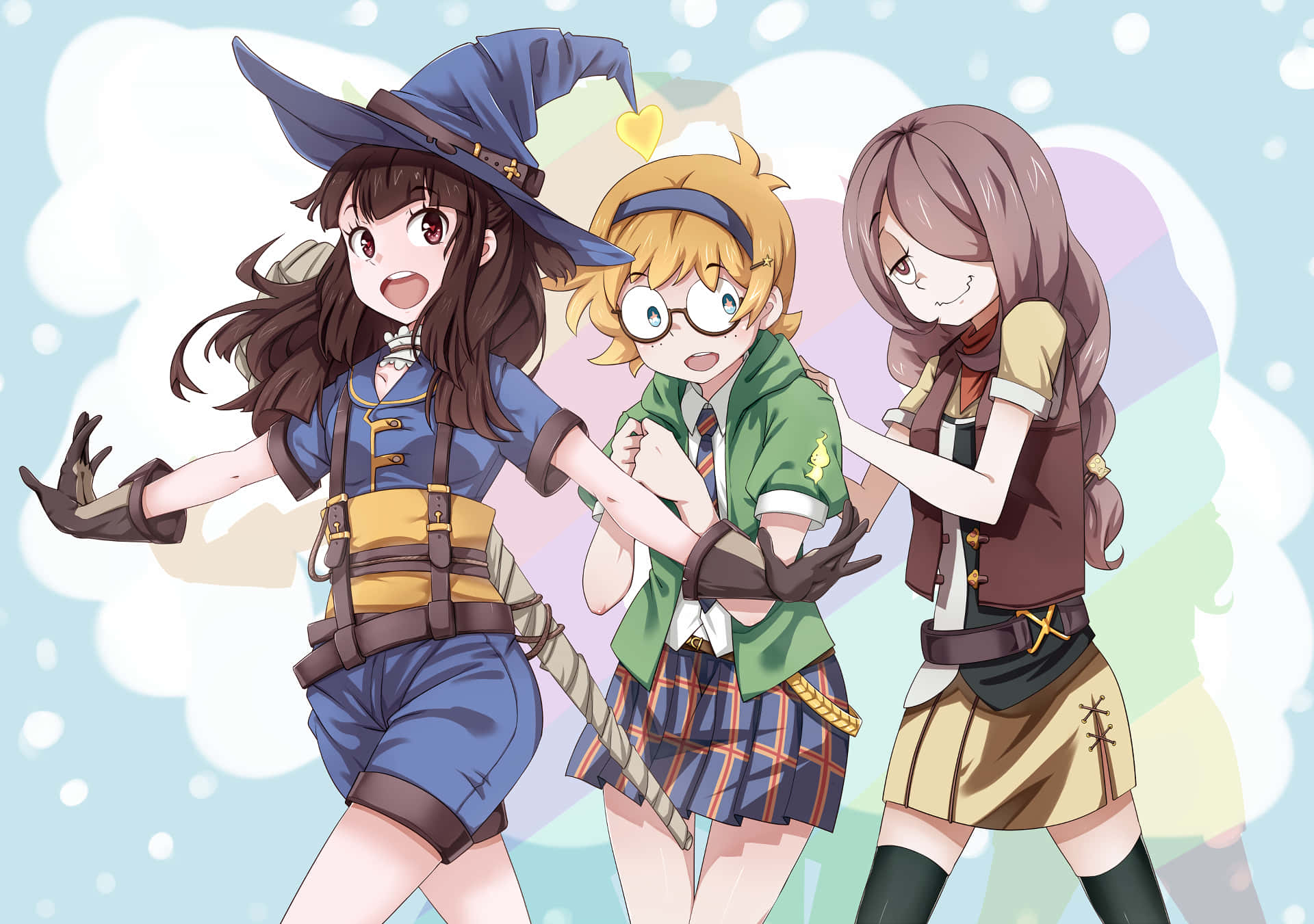 動漫女孩 桌布 壁紙 — 三個穿著奇幻服裝的開心動畫女孩在柔和粉彩雲朵背景前俏皮地擺姿勢。