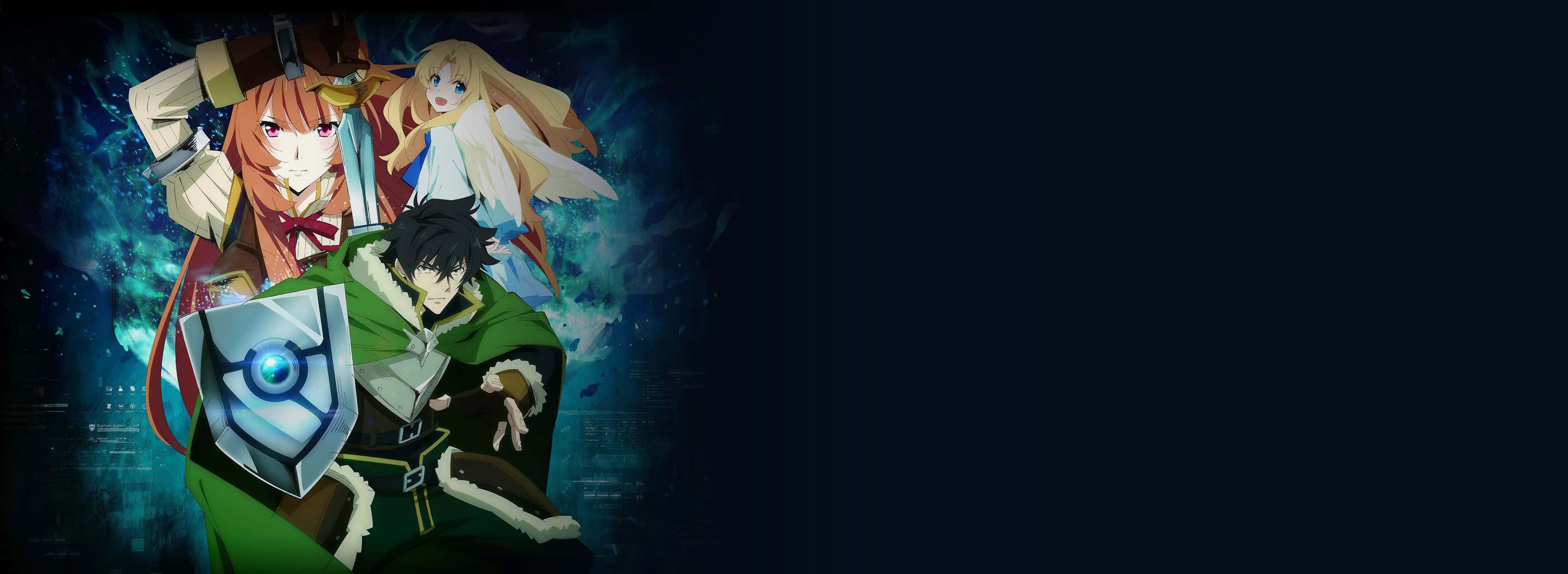 The Rising Of The Shield Hero 桌布 壁紙 — 三個穿著奇幻裝備的動漫角色，在發光的藍色魔法背景下英勇站立。