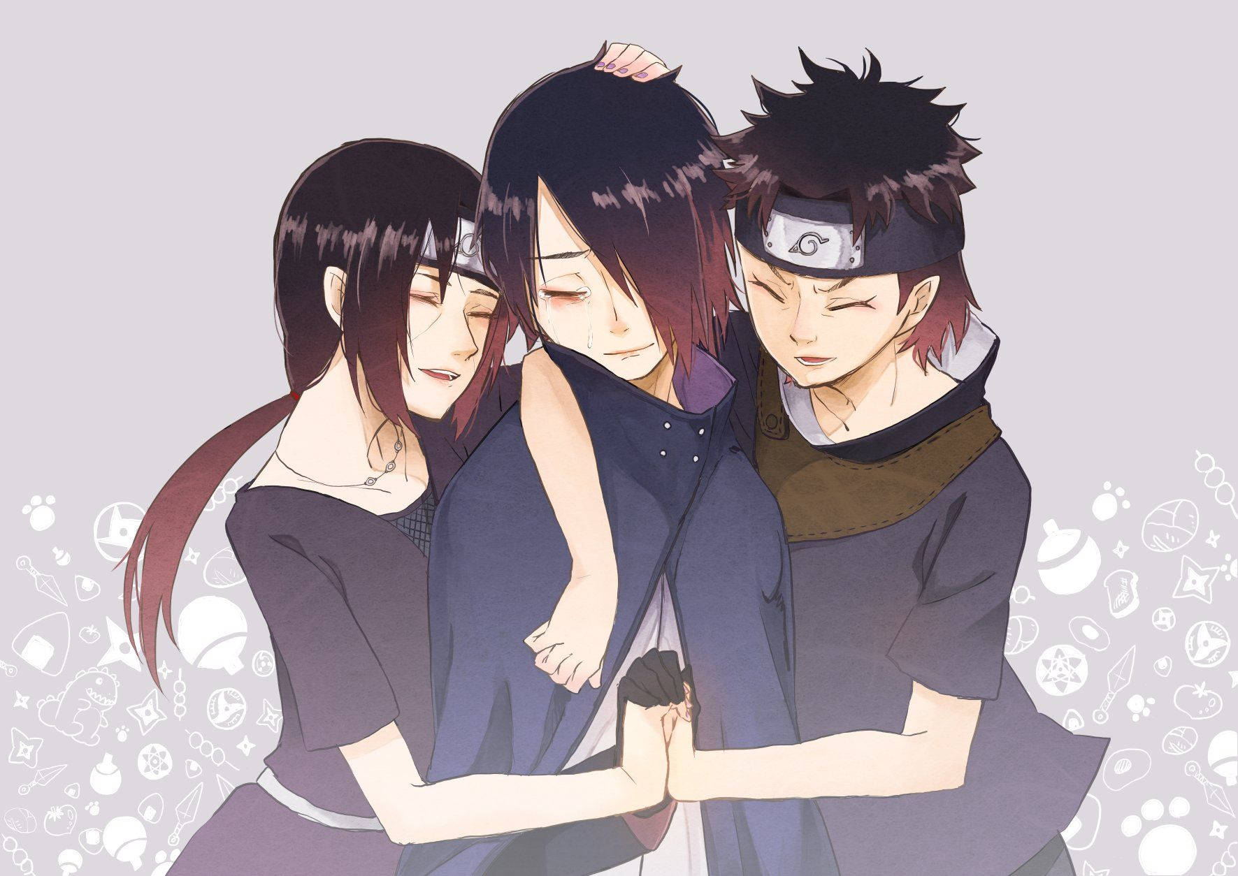 Shisui Uchiha 桌布 壁紙 — 三個穿著忍者服裝的動漫角色在淺灰色背景前溫暖地擁抱，背景上點綴著微妙的忍者主題圖標。