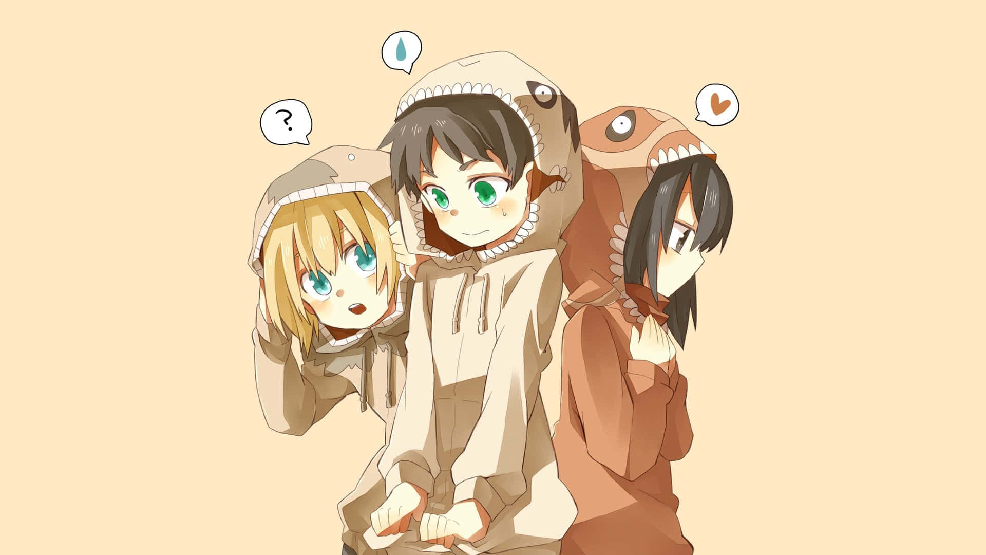 Attack On Titan Season 1 桌布 壁紙 — 三個穿著恐龍連帽衫的動漫角色在純米色背景前擺姿勢，表情豐富並帶有對話氣泡。