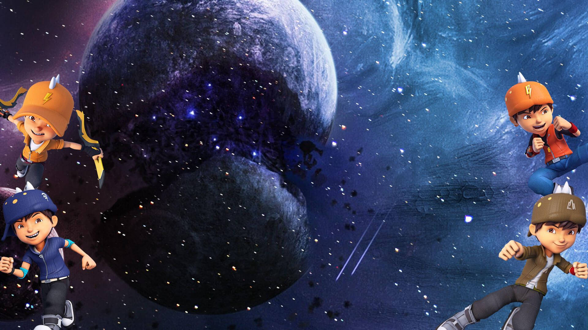 銀河 桌布 壁紙 — 三個穿著斗篷的動畫小孩在一個有大型行星和流星閃爍的星空宇宙場景中翱翔。