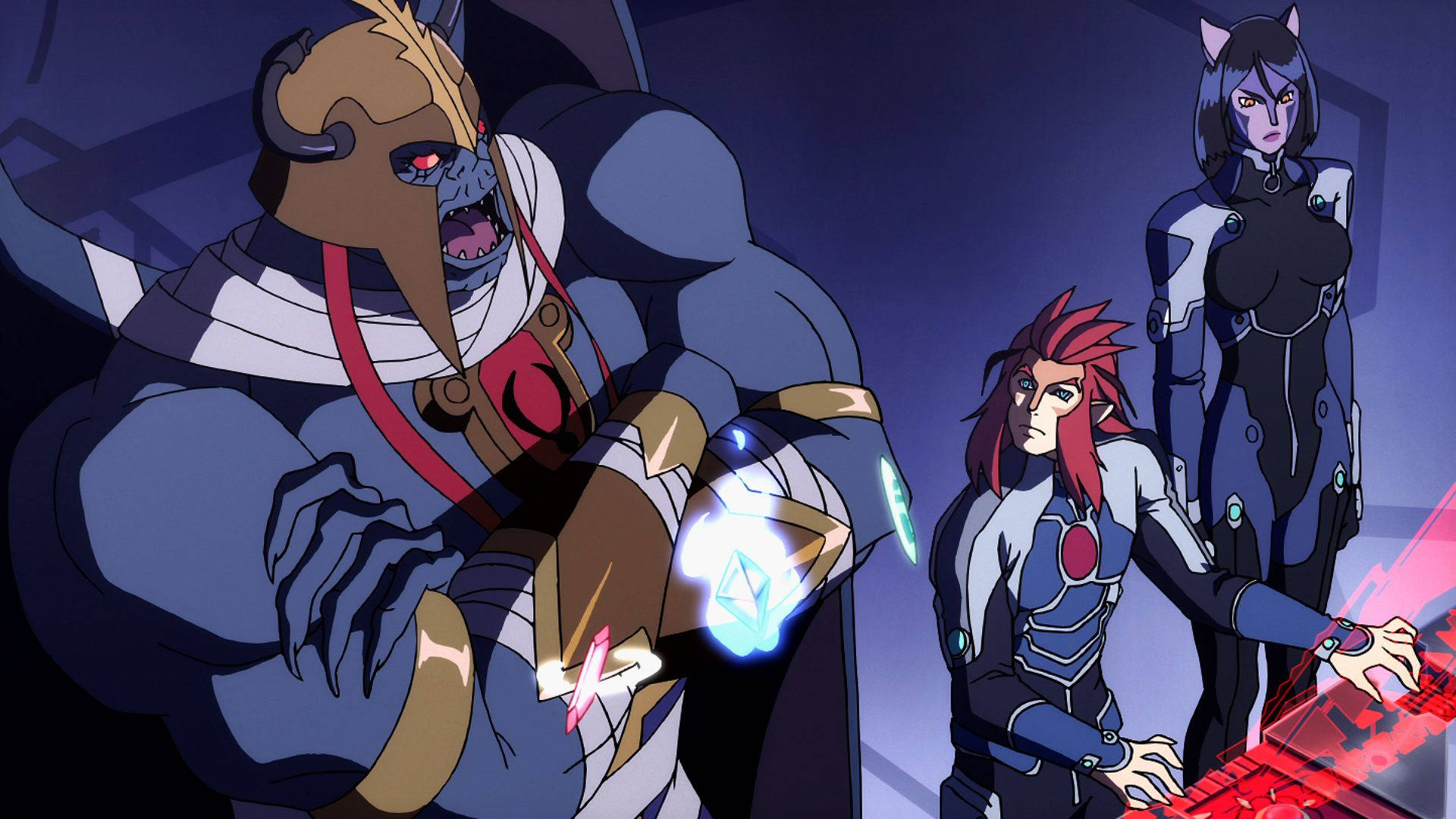 Thundercats 桌布 壁紙 — 三個穿著未來裝甲的動漫角色站在一個燈光昏暗的科幻房間中，帶有發光的能量效果。