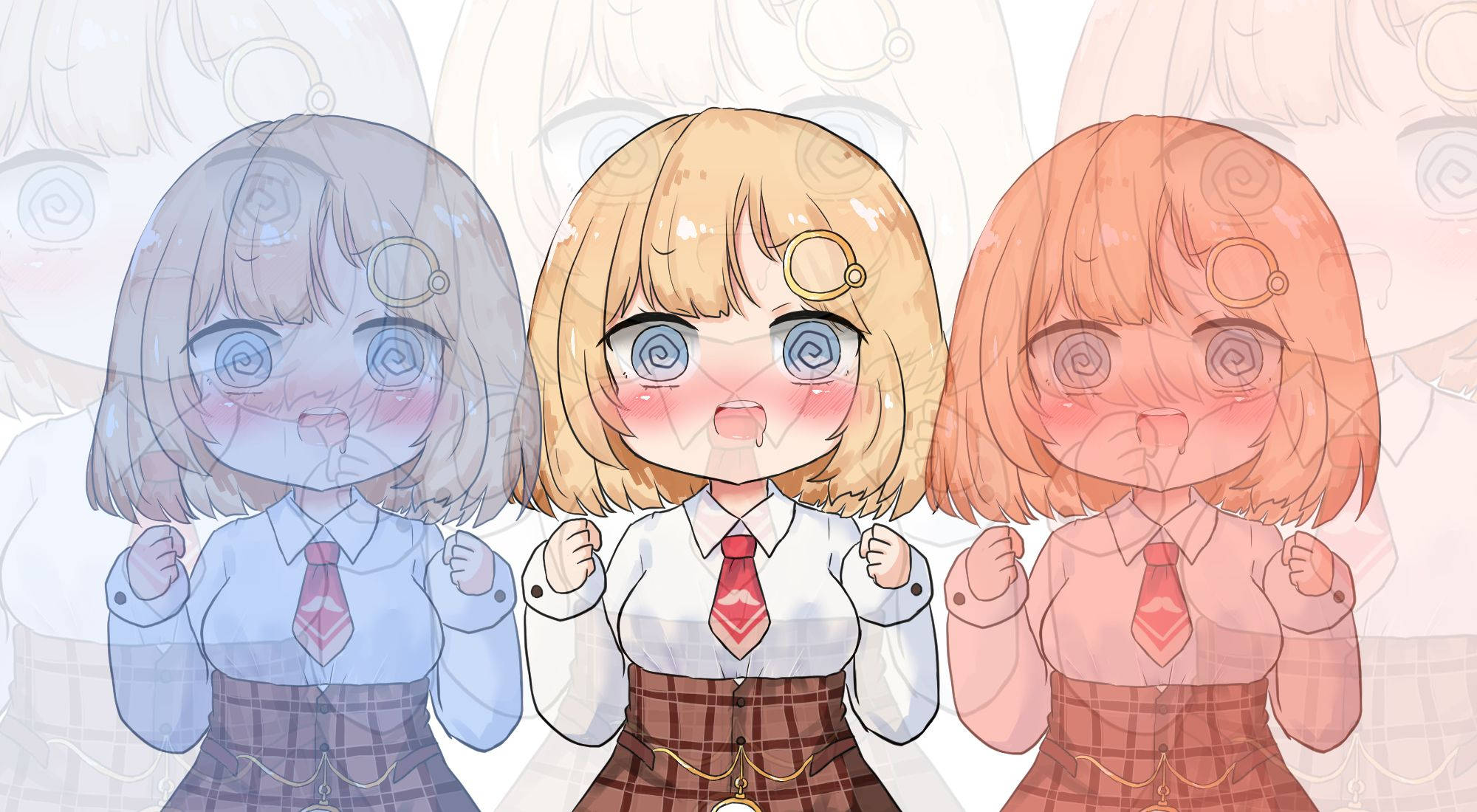 Amelia 桌布 壁紙 — 三個穿著校服、螺旋眼、臉紅、握緊拳頭的動畫女孩，背景鬼魅。