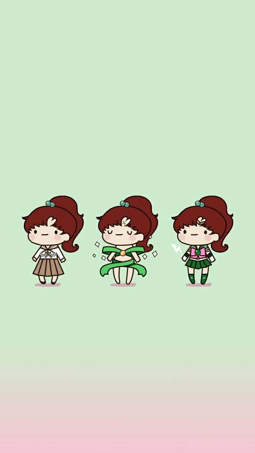 sailor jupiter 桌布 壁紙 — 三個穿著校服的Q版動畫女孩在柔和的薄荷綠和粉紅色漸變背景前閃閃發光地變身。