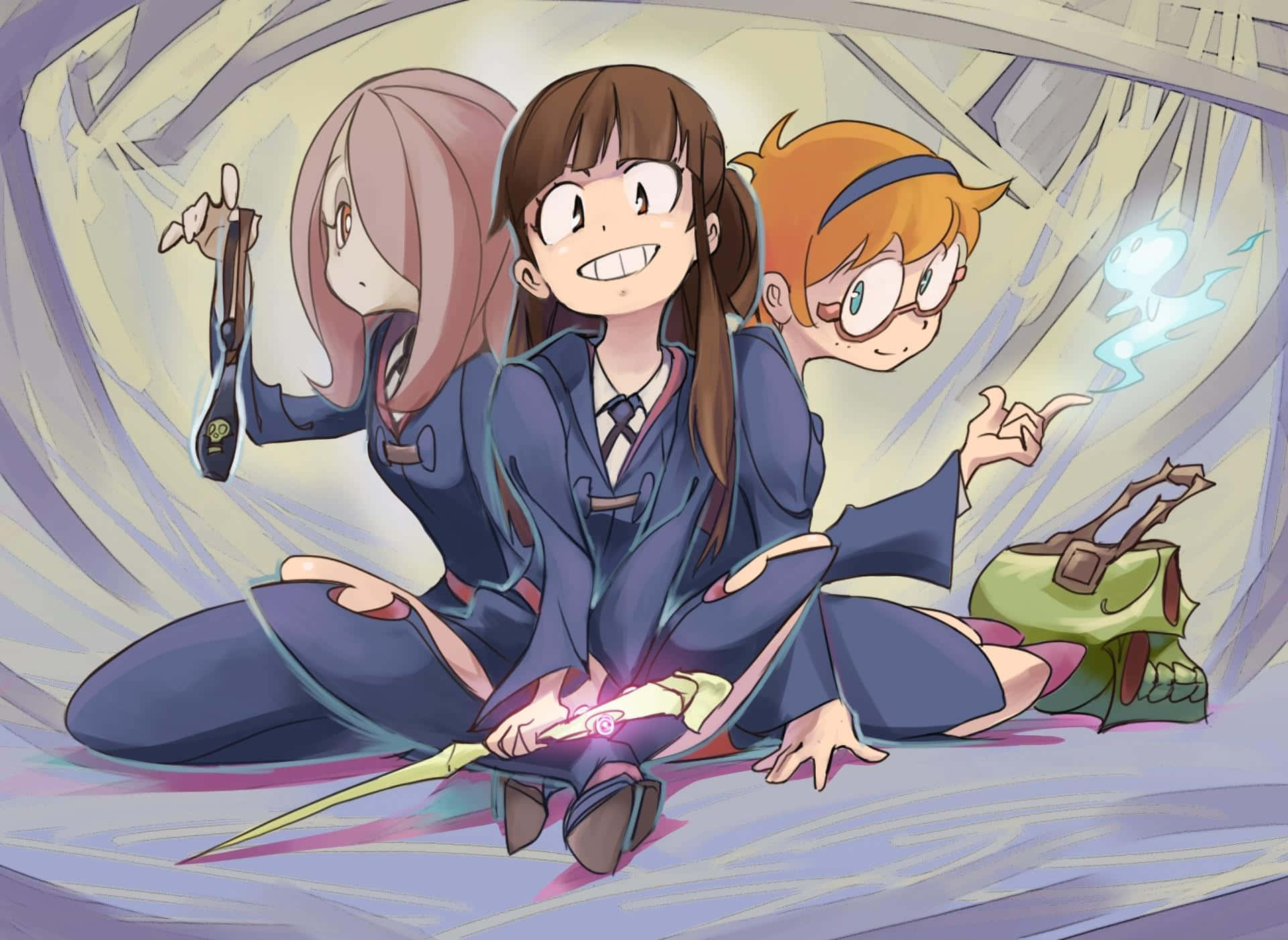 動漫女孩 桌布 壁紙 — 三個穿著校服的動漫女孩一起坐在發光的隧道中，周圍有魔法效果和一個幽靈般的靈魂。