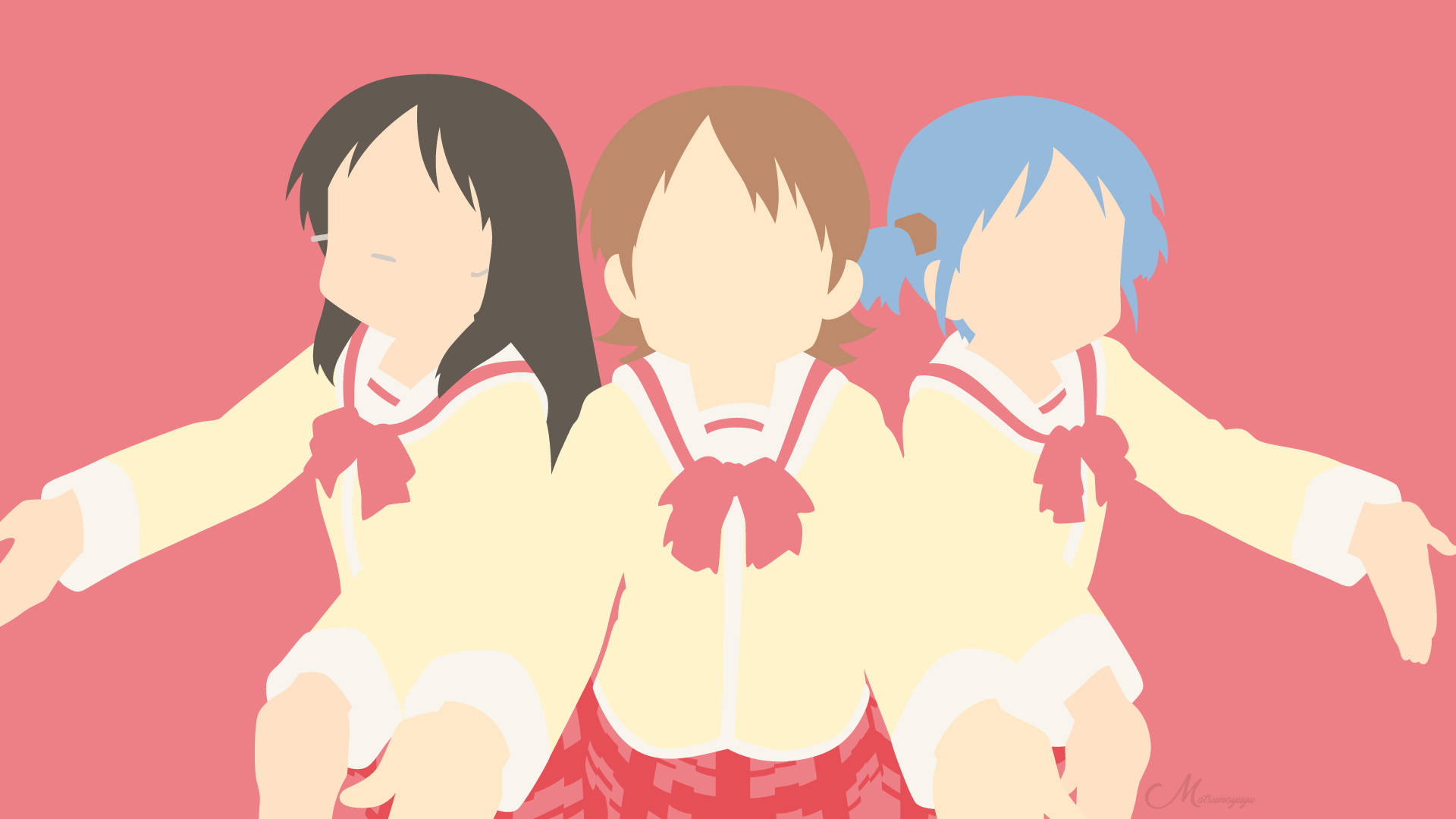 動漫藝術GIF 桌布 壁紙 — 三個穿著校服的動漫女孩並排站在純粉紅色背景前，雙臂伸展。