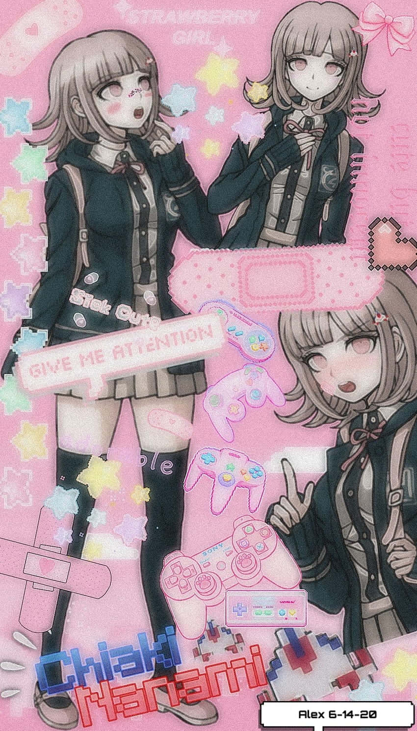 Danganronpa 2 Goodbye Despair 桌布 壁紙 — 三個穿著校服的動漫女孩在充滿活力的粉紅色背景上，在粉紅星星、遊戲控制器和繃帶之間頑皮地擺姿勢。