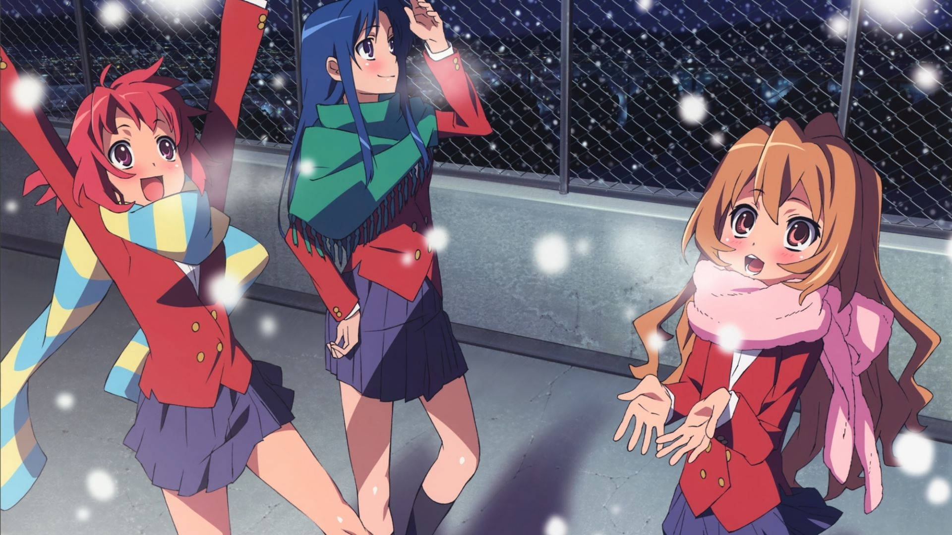 虎與龍 桌布 壁紙 — 三個穿著校服的動漫女孩在星空下的飄雪中快樂跳舞。