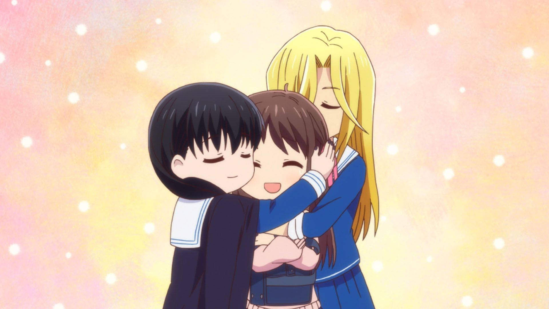 Top Anime 桌布 壁紙 — 三個穿著校服的動漫女孩在柔和發光背景和漂浮閃光中溫暖擁抱。