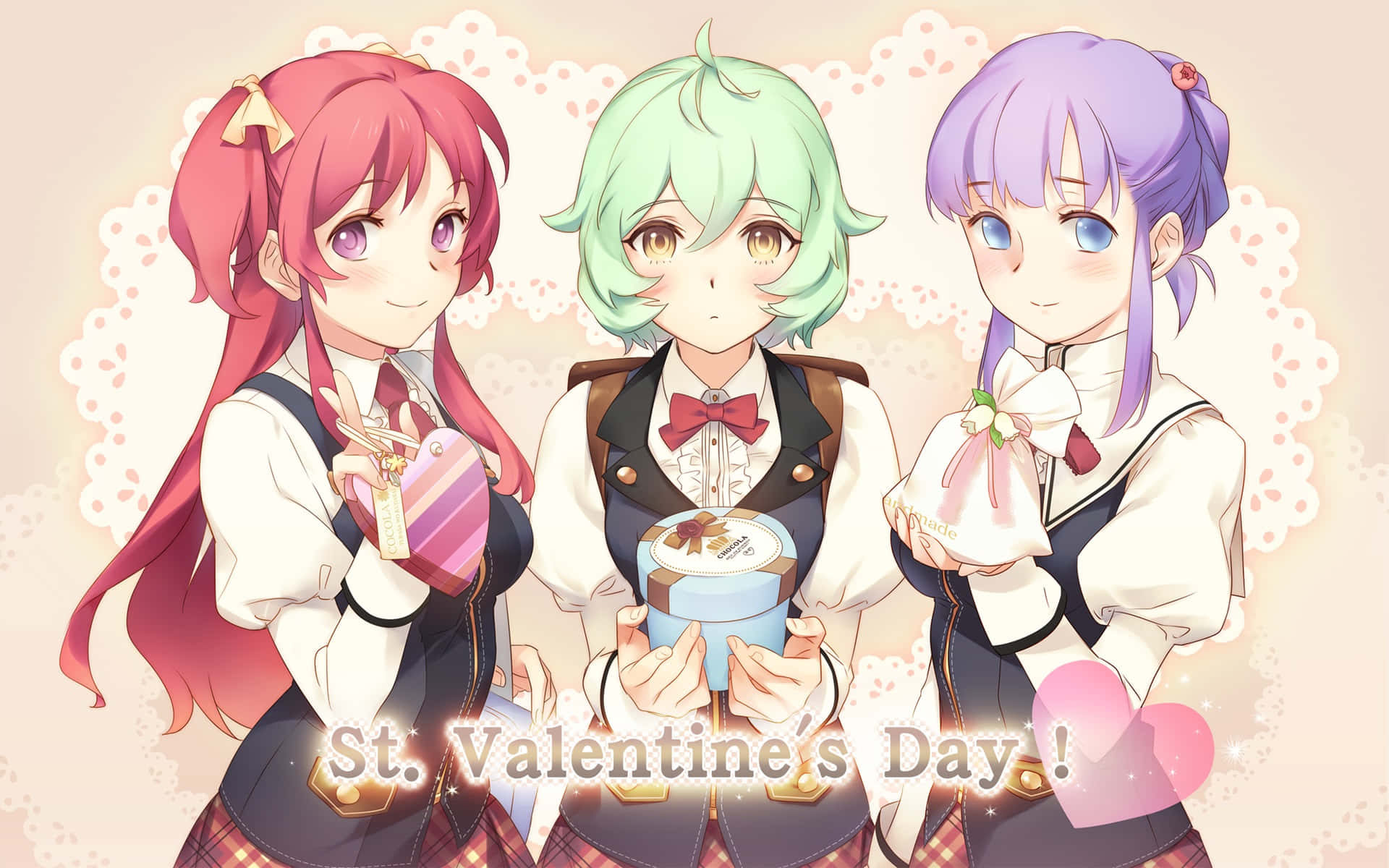 Macross Delta 桌布 壁紙 — 三個穿著校服的動漫女孩在柔和的粉紅色心形圖案背景上拿著情人節禮物。