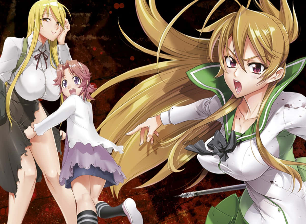 Highschool Of The Dead 桌布 壁紙 — 三個穿著校服的動漫女孩在深紅色飛濺的背景前動態擺姿勢。