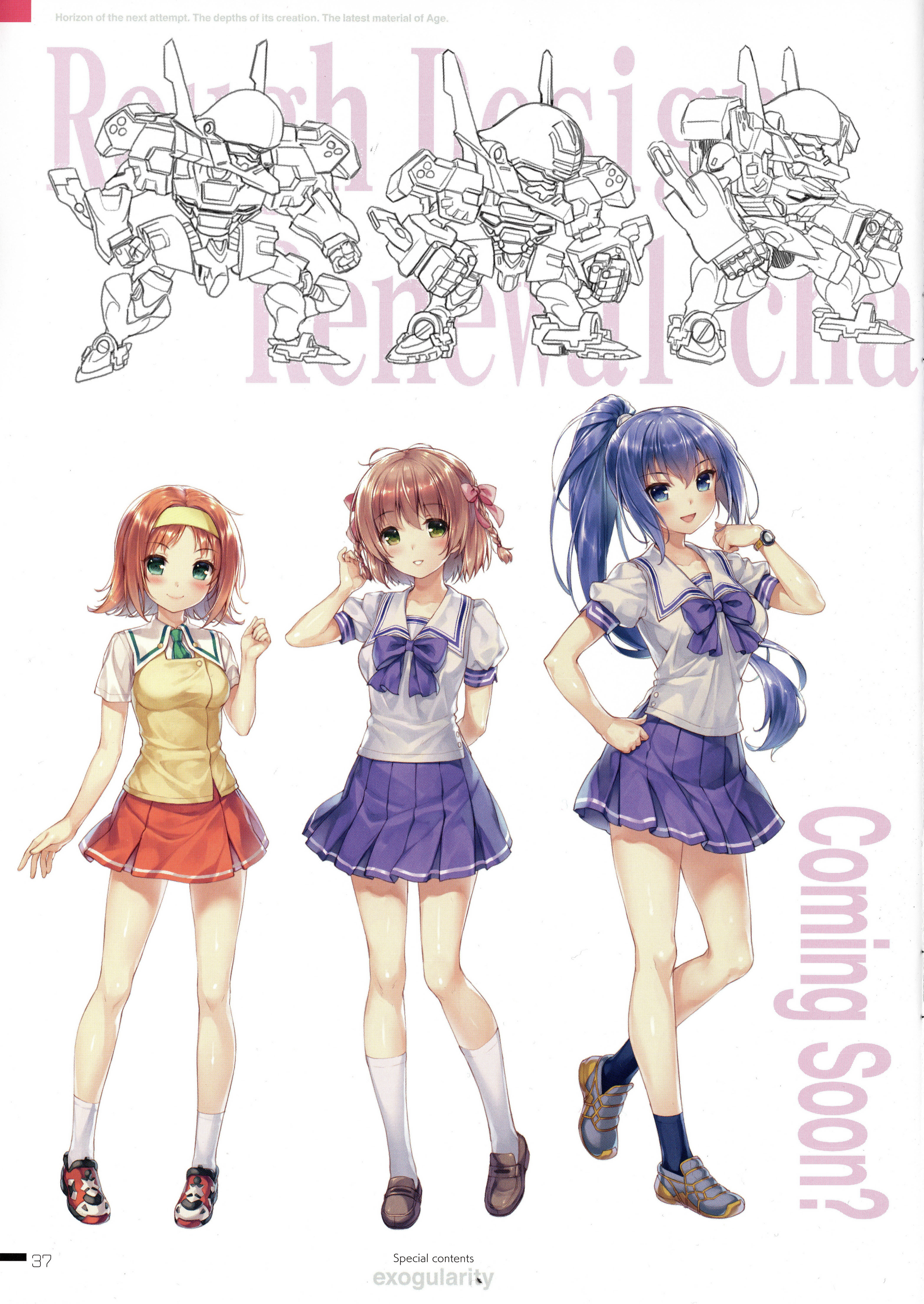 kimi ga nozomu eien 桌布 壁紙 — 三個穿著校服的動漫女孩在白色背景上與機器人設計草圖旁邊擺姿勢。