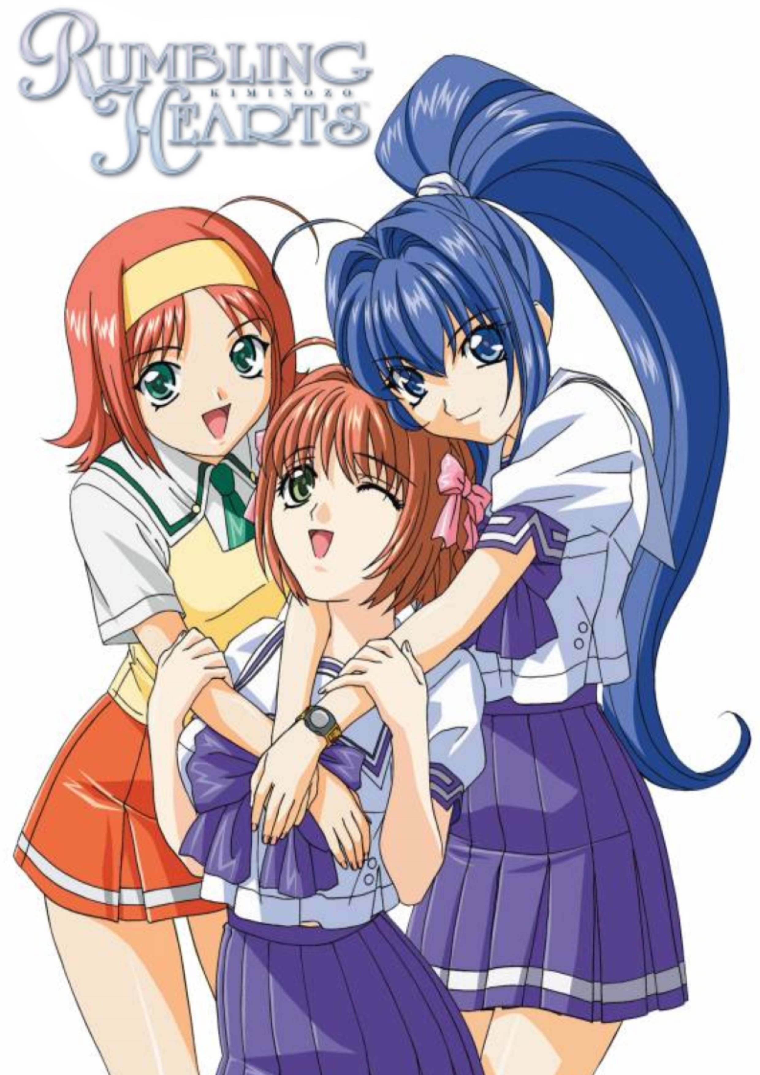 kimi ga nozomu eien 桌布 壁紙 — 三個穿著校服的動漫女孩在純白色背景前開心擁抱，上方有標題 Rumbling Hearts。