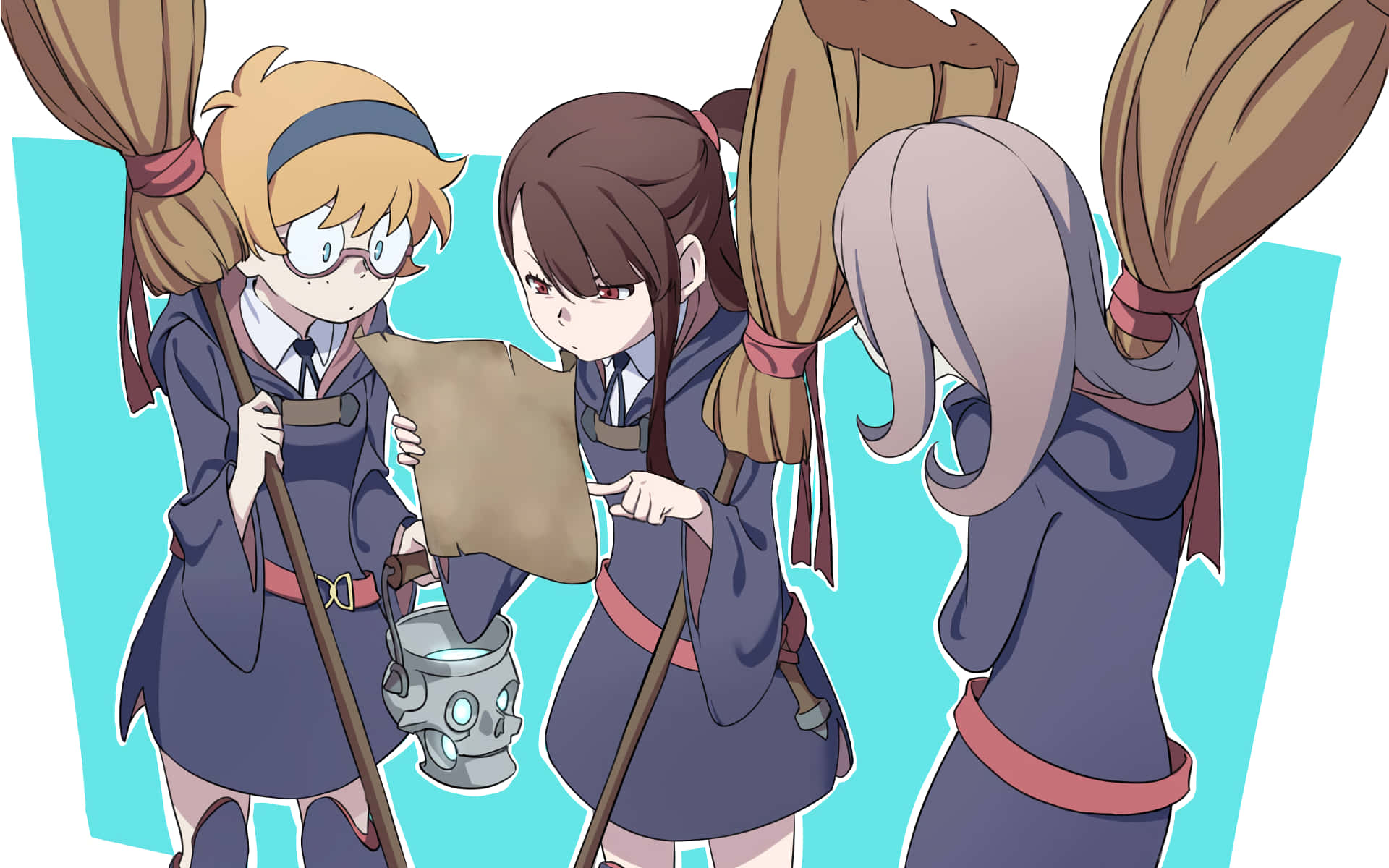 動漫女孩 桌布 壁紙 — 三個穿著校服的動漫女孩拿著掃帚，在青綠色背景上檢查一個帶有骷髏頭桶的地圖。