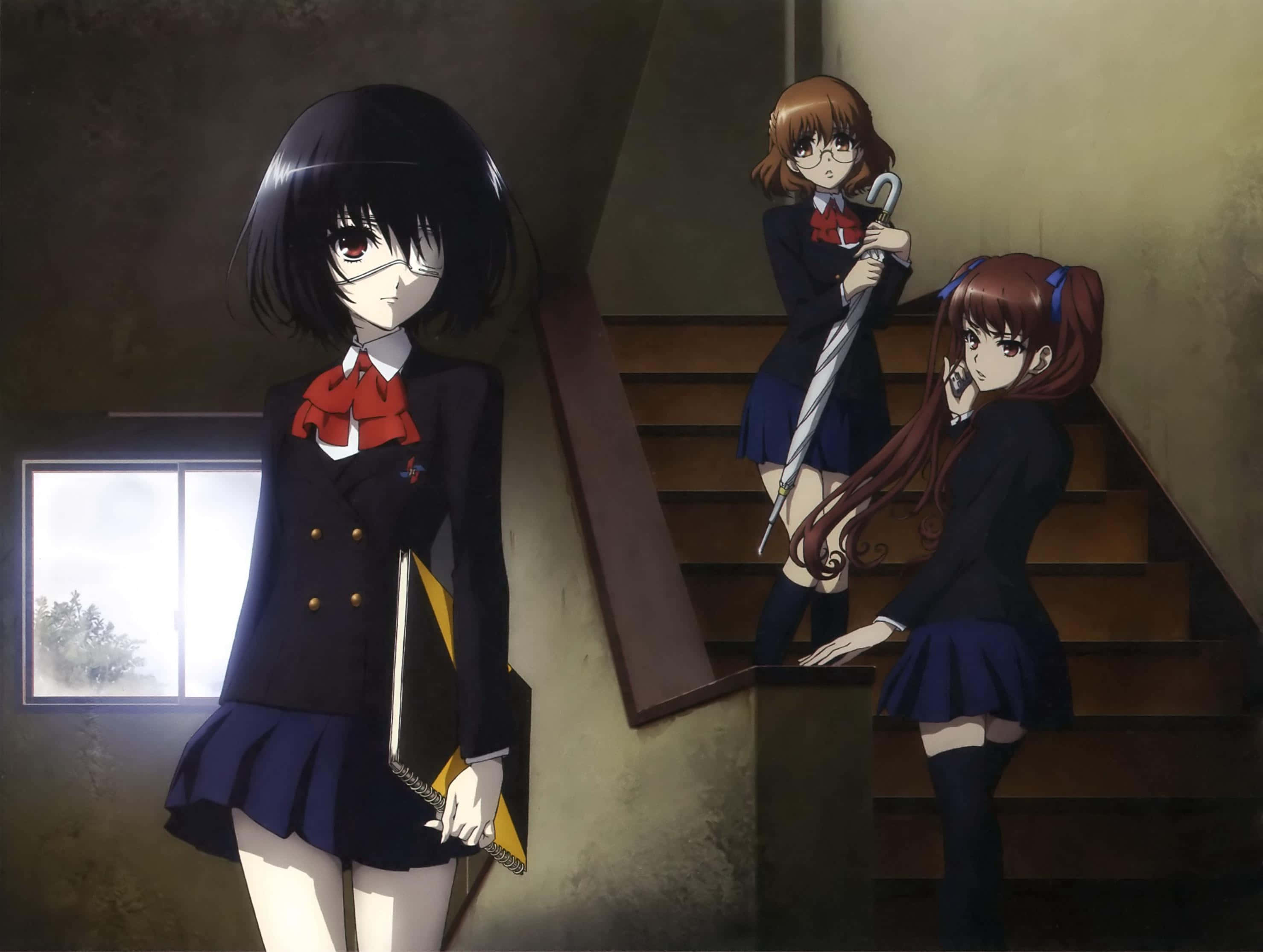 Thriller Anime 桌布 壁紙 — 三個穿著校服的動漫女孩站在昏暗的樓梯間，其中一個拿著雨傘，另一個靠在樓梯上。