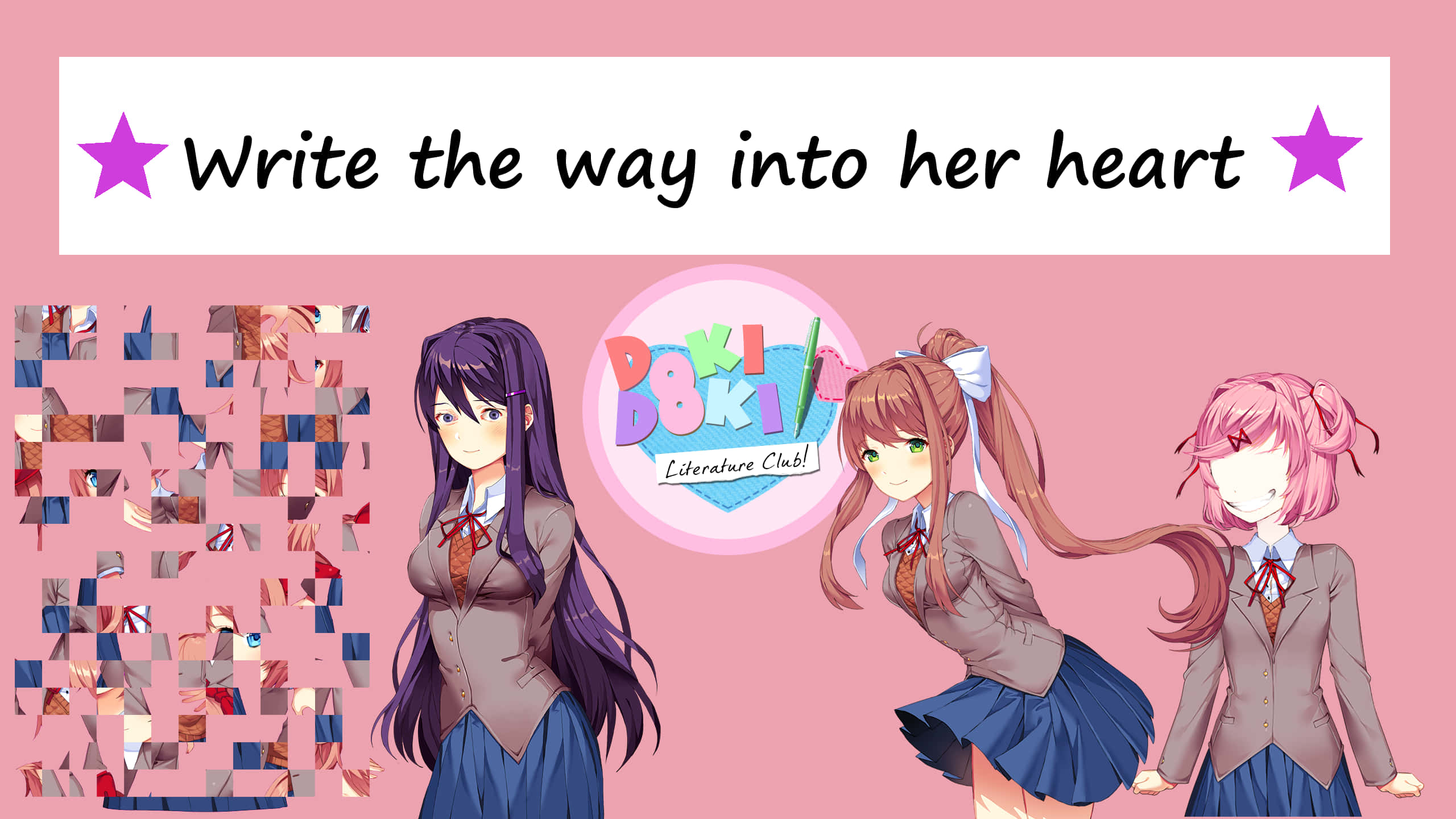 Doki Doki 桌布 壁紙 — 三個穿著校服的動漫女孩站在粉紅色背景前，背景上有QR碼和「Doki Doki Literature Club!」標誌。