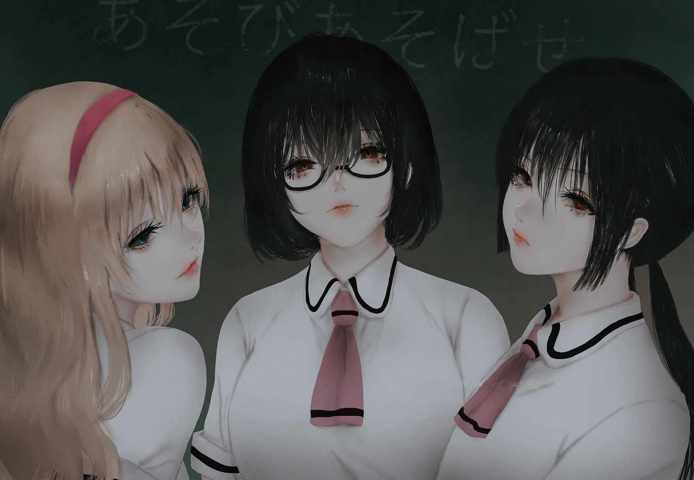 asobi asobase 桌布 壁紙 — 三個穿著校服的動漫女孩站在黑板前，黑板上有日文，其中一個戴眼鏡和粉紅色領帶。