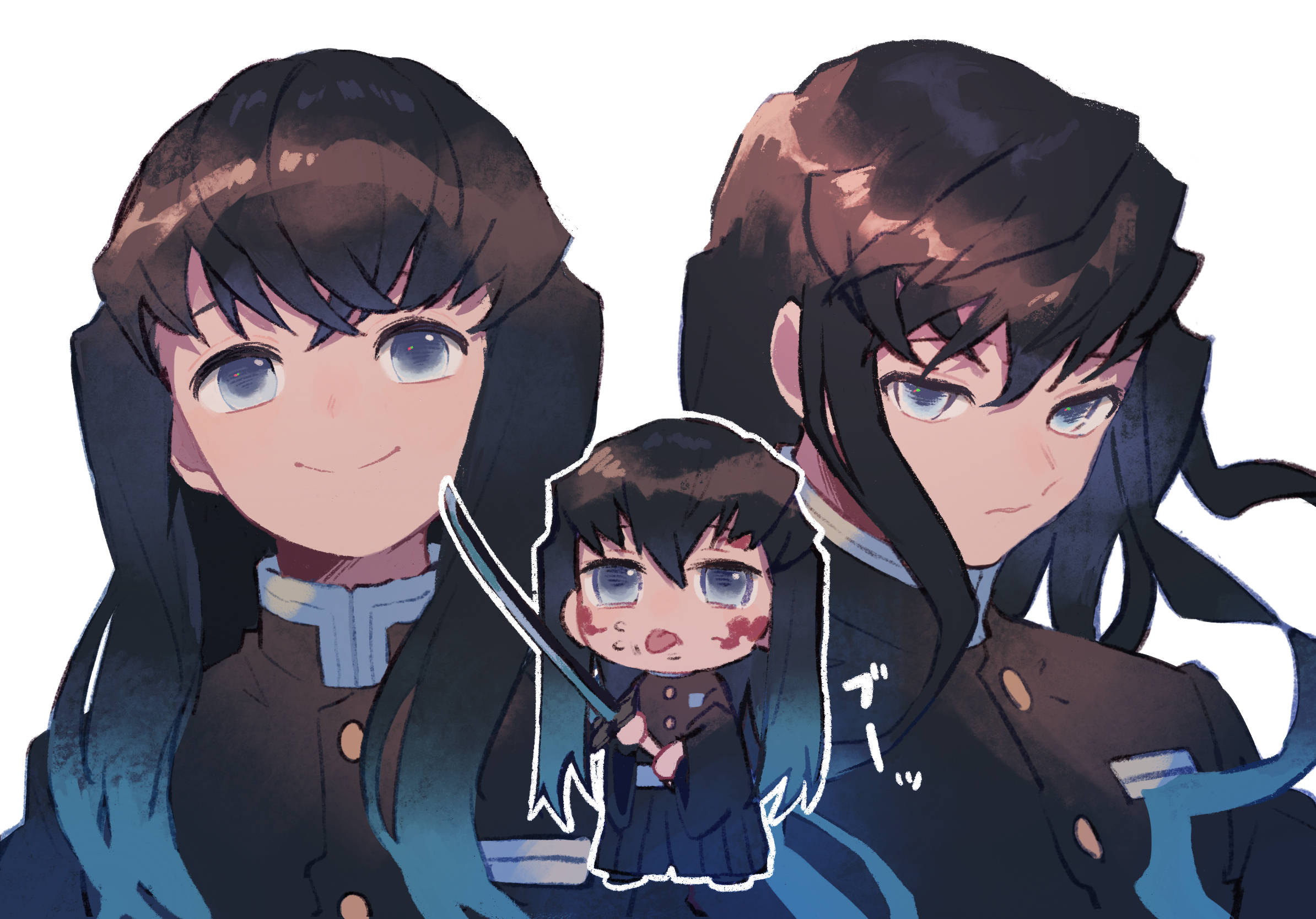 Muichiro 桌布 壁紙 — 三個穿著校服的動漫角色，其中一個是小小的chibi拿著劍，臉上沾血，背景為白色。