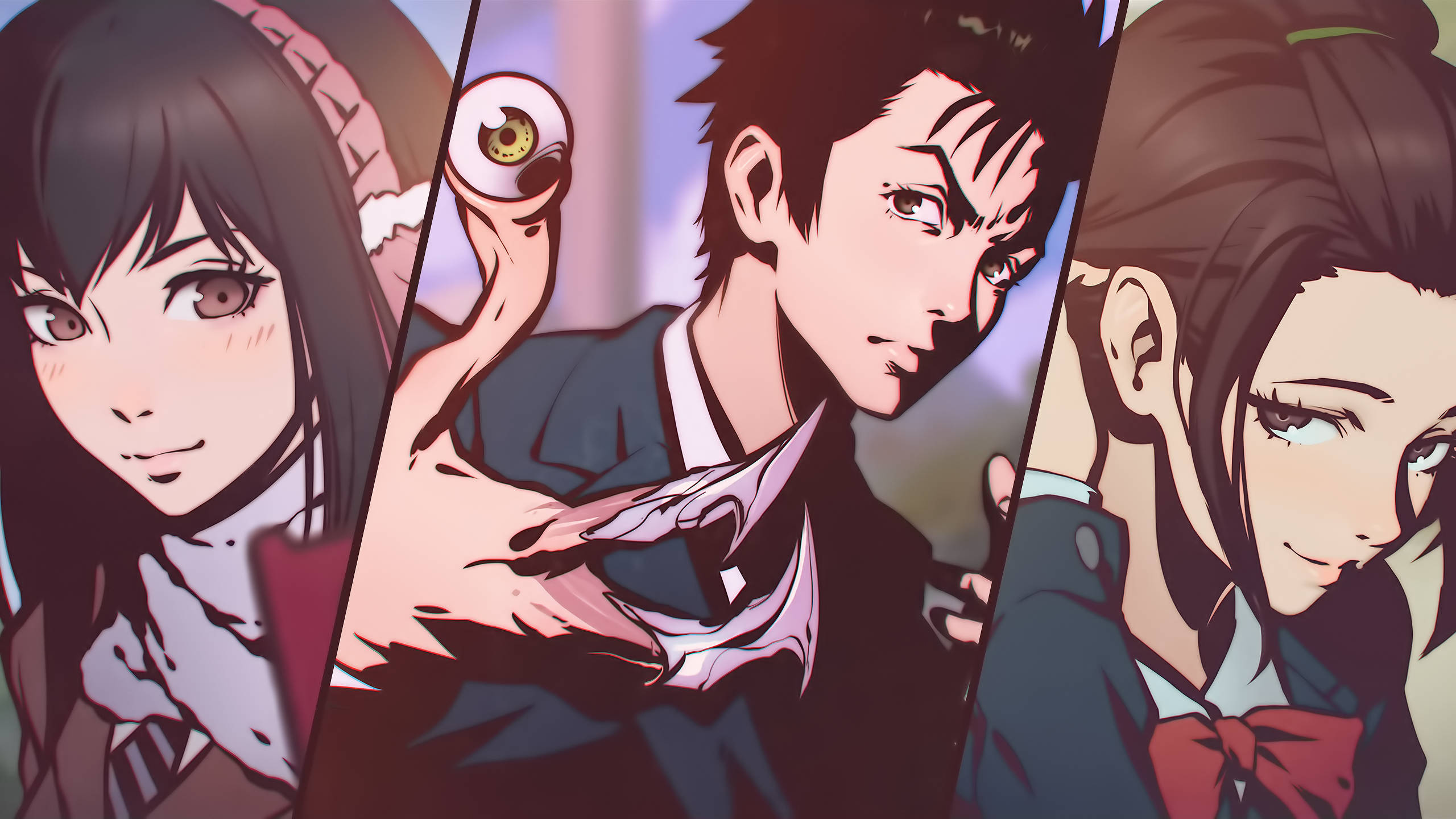 Parasyte 桌布 壁紙 — 三個穿著校服的動漫角色，表情戲劇化，加上一個漂浮的眼球，以風格化的分格構圖呈現。