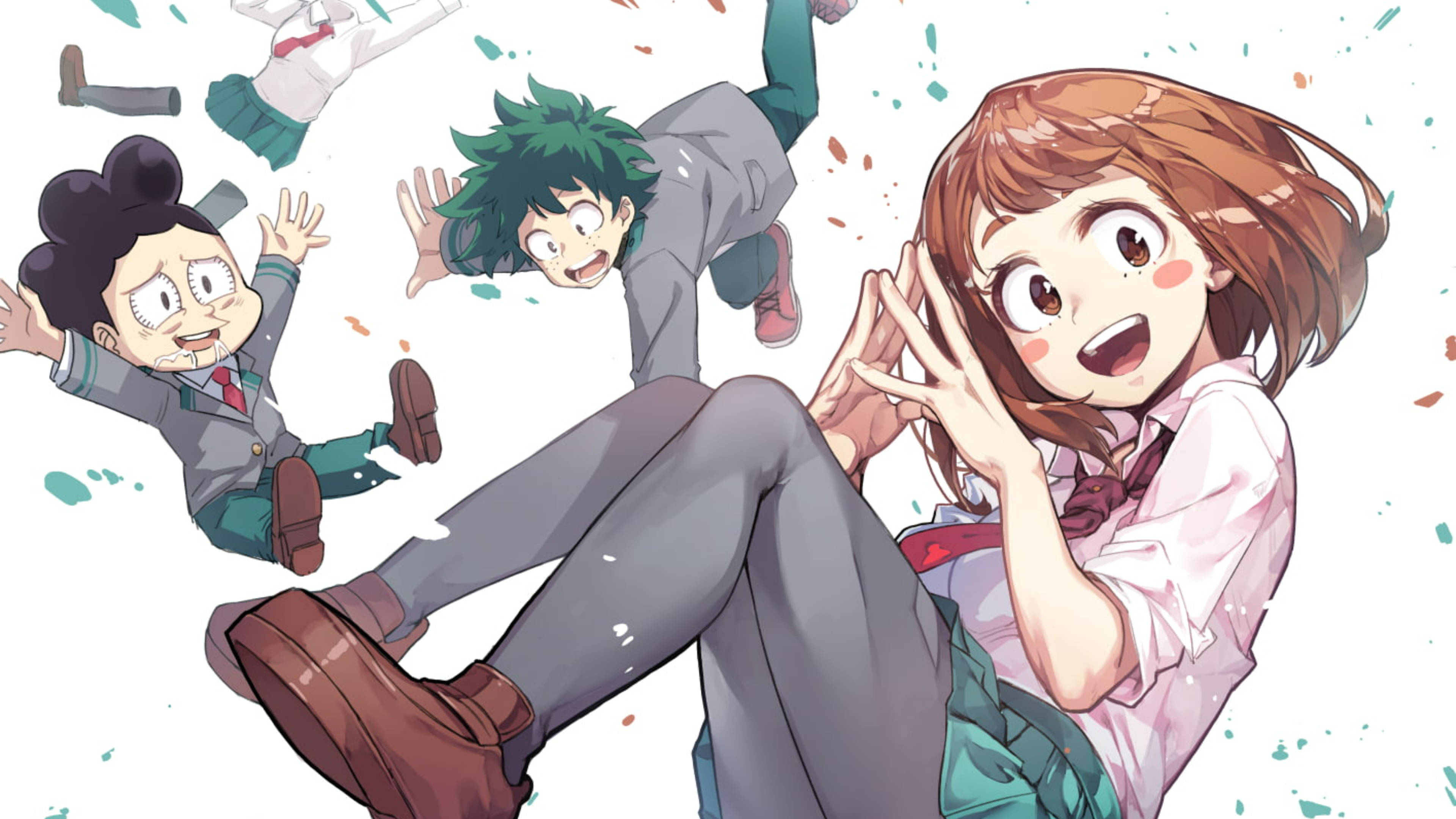 Uraraka 桌布 壁紙 — 三個穿著校服的動漫角色在五彩紙屑爆發中帶著喜悅的表情在空中翻滾。