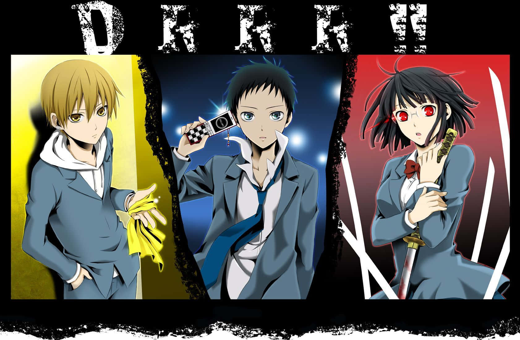 durarara 桌布 壁紙 — 三個穿著校服的動漫角色站在彩色背景前，手持武器或電話。