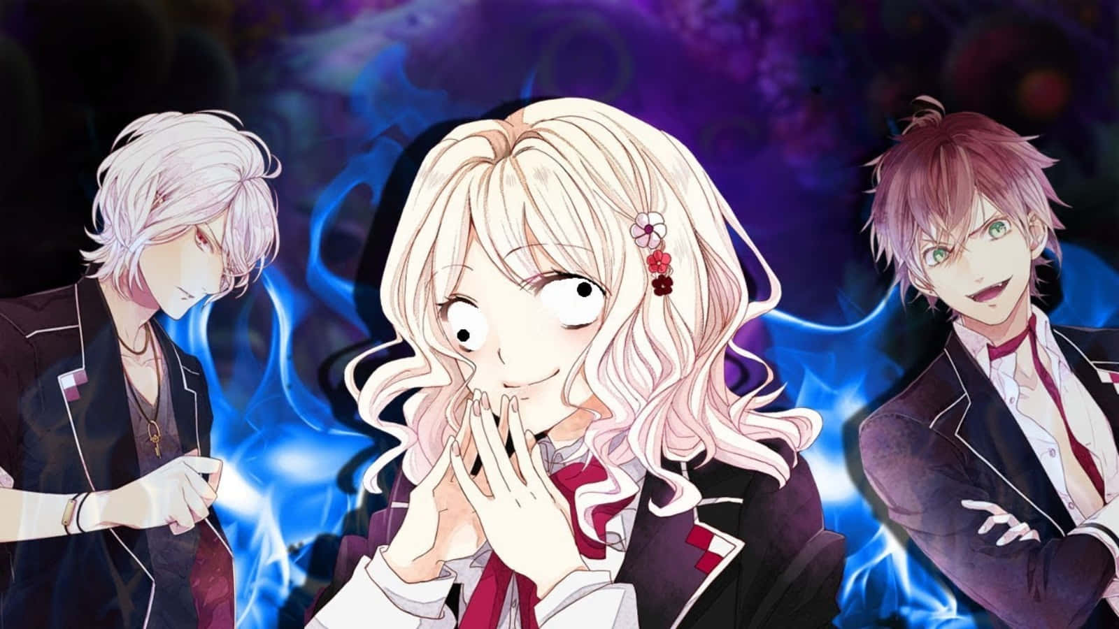 Diabolik Lovers 桌布 壁紙 — 三個穿著校服的動漫角色站在發光的藍色和紫色能量背景前，帶有戲劇性的燈光。