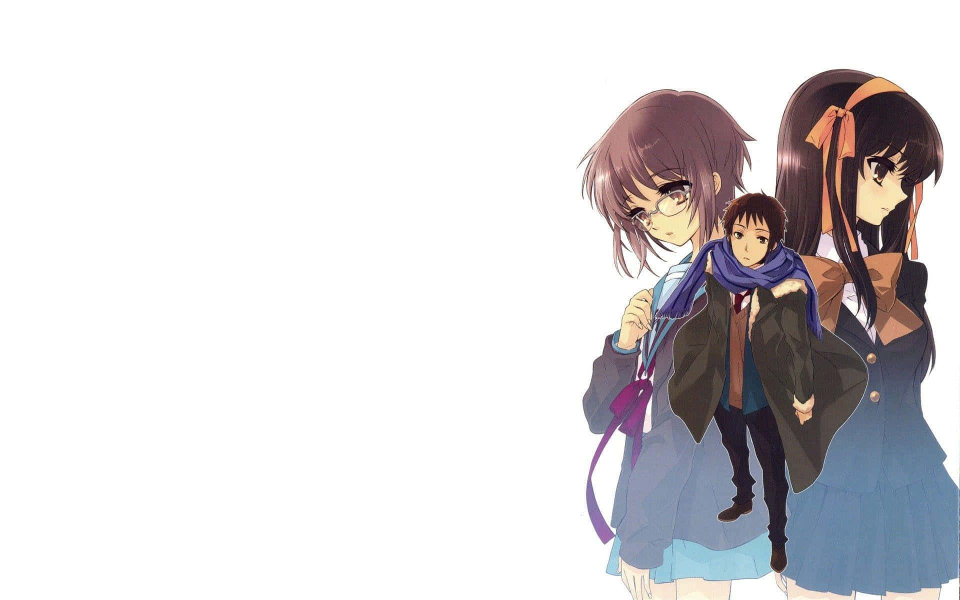 Yuki Nagato 桌布 壁紙 — 三個穿著校服的動漫角色站在純白色背景前，帶有柔和陰影和細緻的頭髮。