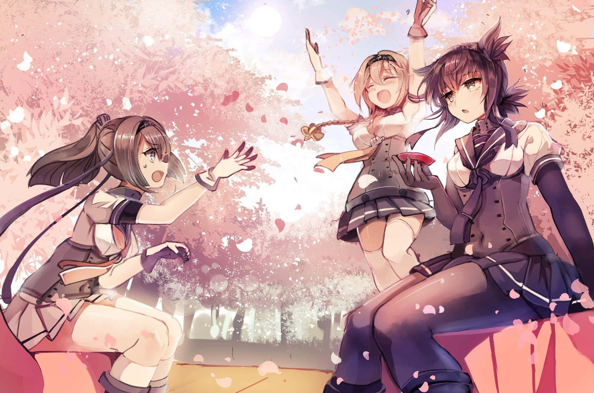 Kancolle 桌布 壁紙 — 三個穿著校服的動畫女孩在柔和的粉彩風景中，在粉紅色的櫻花雨下愉快地互動。