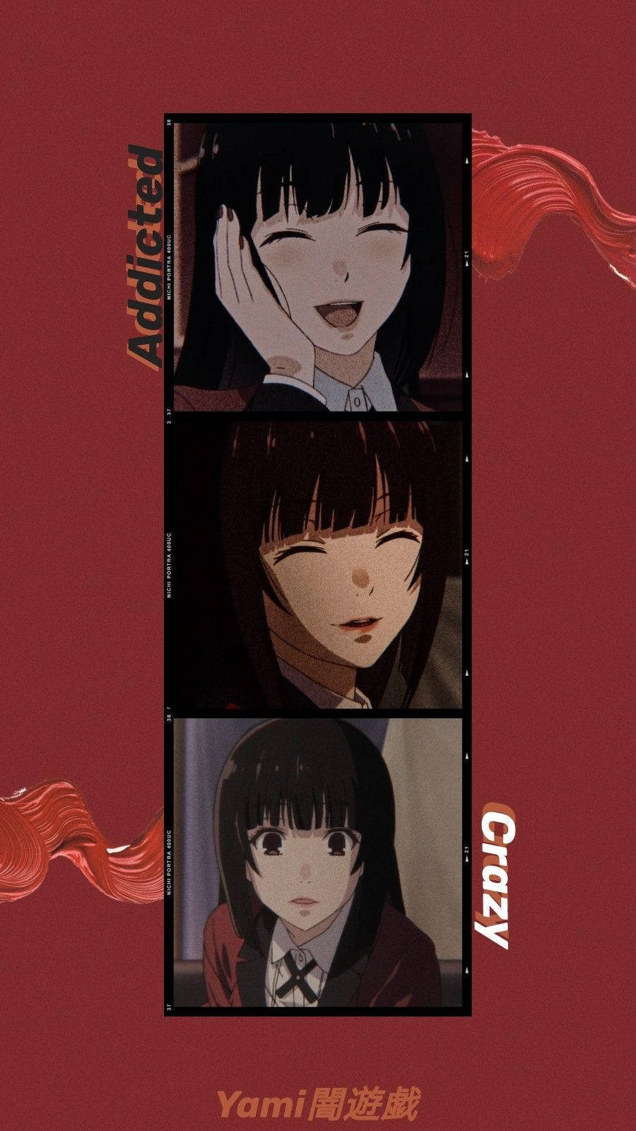 三個動畫女孩在紅色背景上展現不同表情，並附有文字。 — 紅色動圖 壁紙