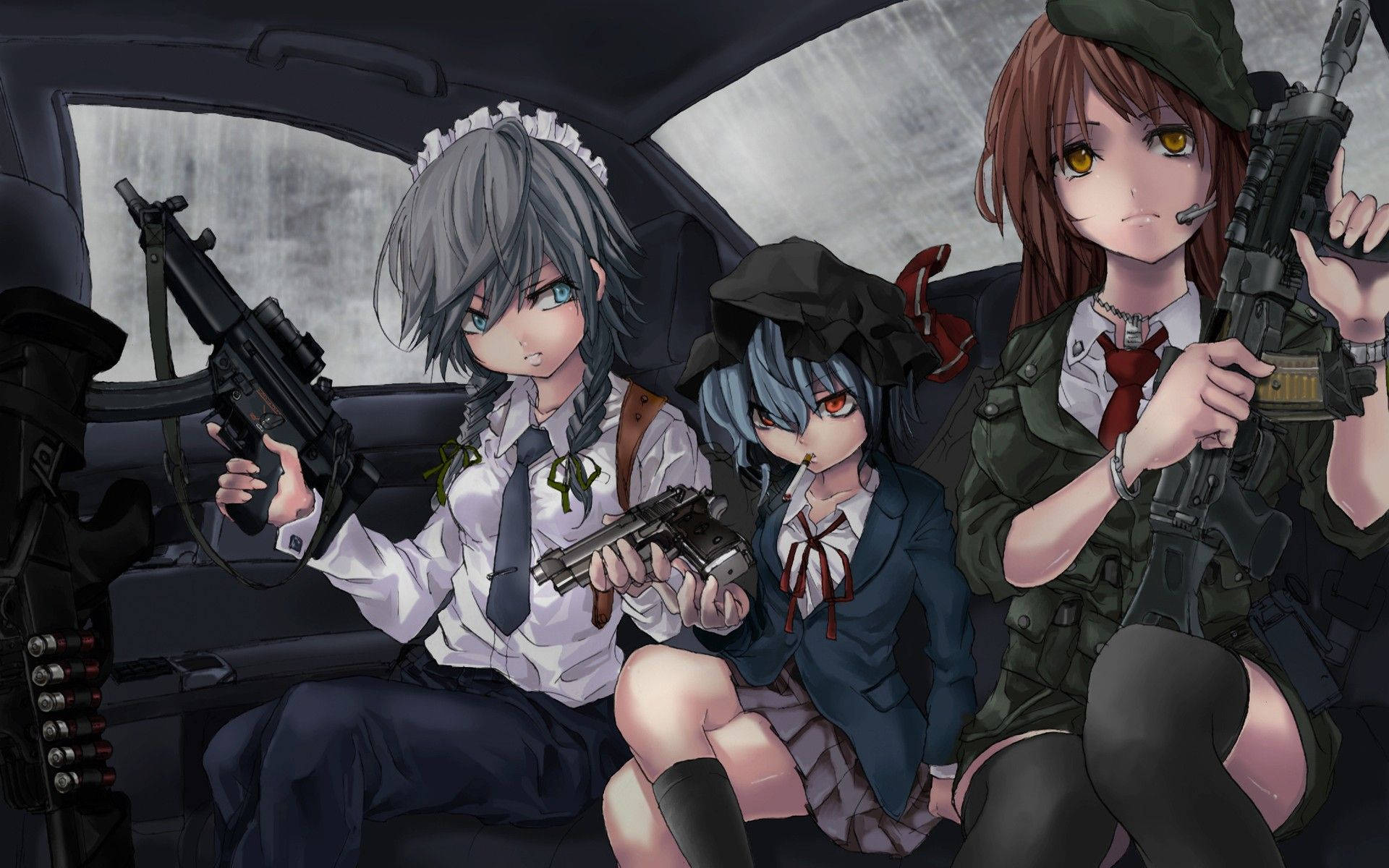 Gangsta Cartoon 桌布 壁紙 — 三個穿著校服的動畫女孩在車內持槍，天空下著雨。