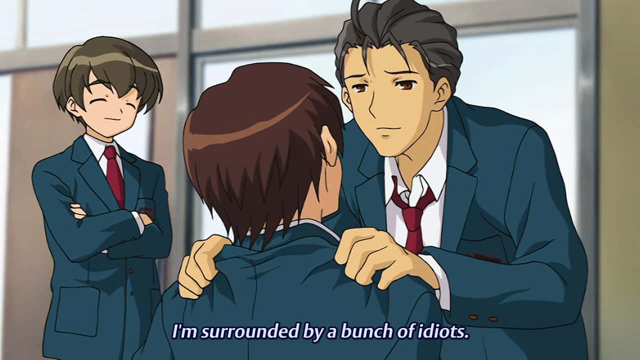 Haruhi Taniguchi 桌布 壁紙 — 三個穿著校服的動畫男孩，其中一個被從後面擁抱，另一個交叉雙臂冷笑。