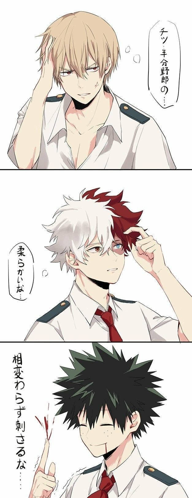 Todobakudeku 桌布 壁紙 — 三個穿著校服的動畫男孩，有著不同的髮色和表情，各自在沮喪或沉思的時刻抱著頭。