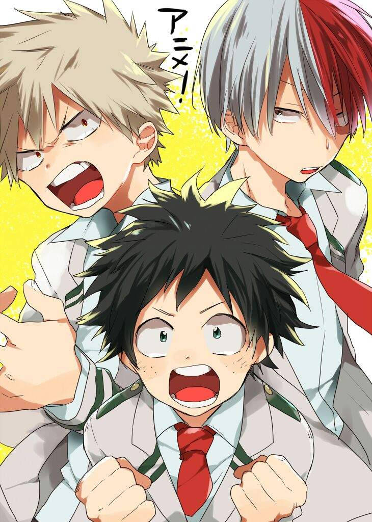 Todobakudeku 桌布 壁紙 — 三個穿著校服的動畫男孩在明亮的黃色背景前興奮地大喊，背景上有日文字。