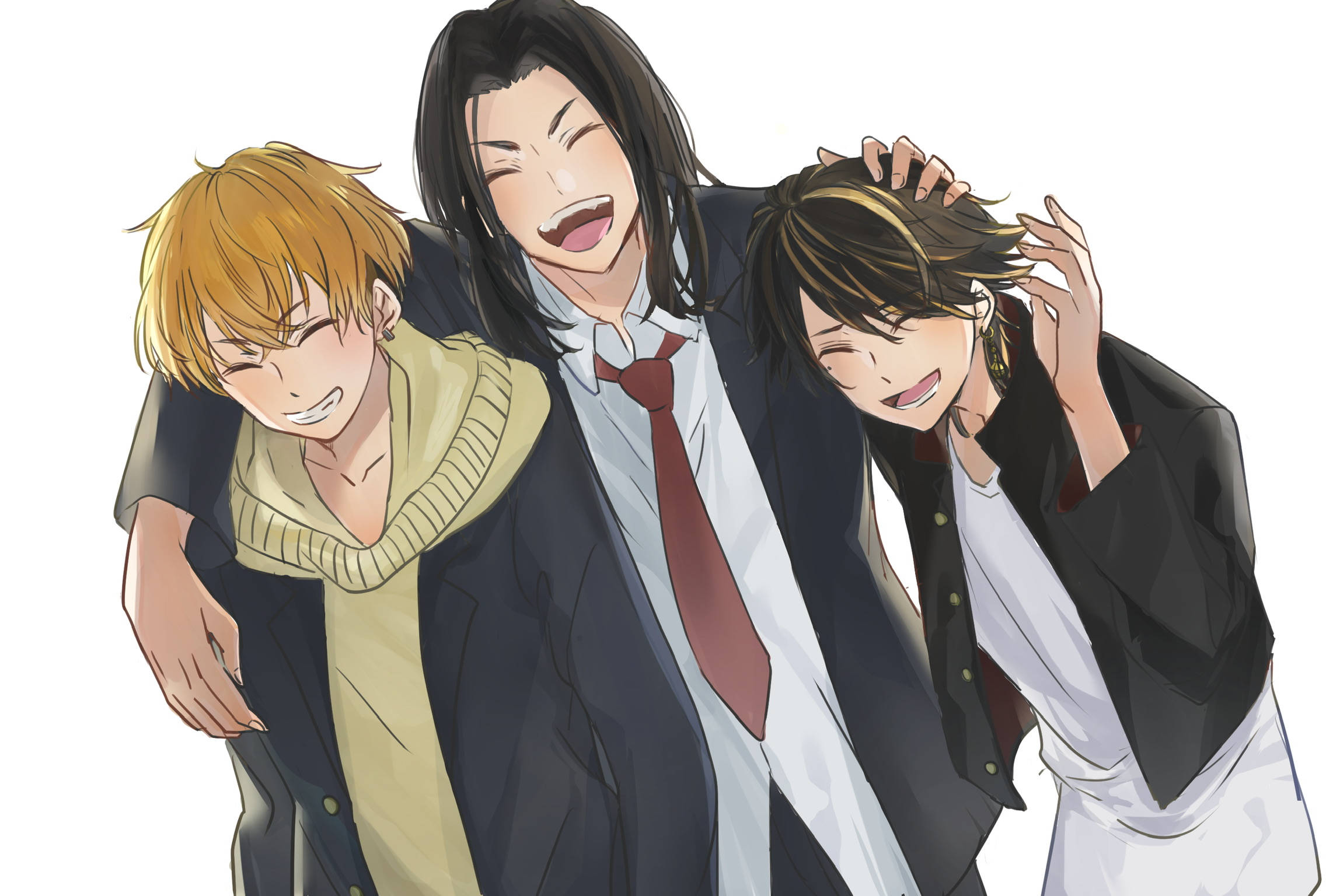 kazutora hanemiya 桌布 壁紙 — 三個穿著校服的動畫男孩在純白色背景前一起開心地大笑。