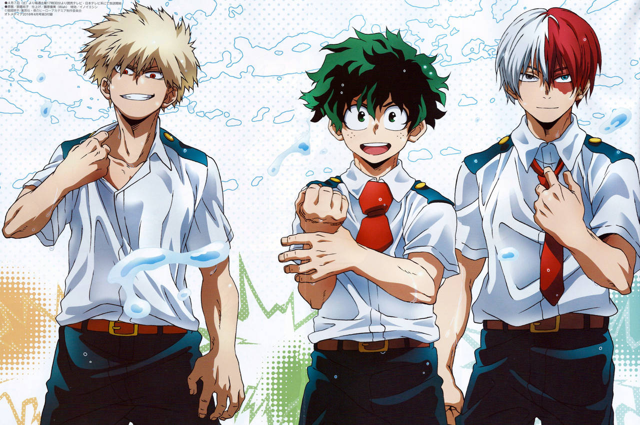 Todobakudeku 桌布 壁紙 — 三個穿著校服的動畫男孩在風格化的背景前自信地擺姿勢，充滿動感能量和鮮豔的髮色。