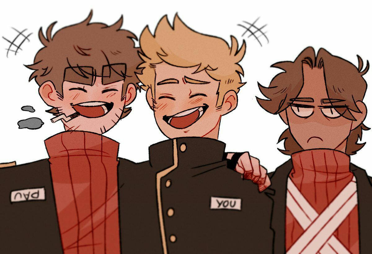 Eddsworld 桌布 壁紙 — 三個穿著校服的動畫男孩開心大笑，其中一個看起來很惱火，風格明亮卡通。