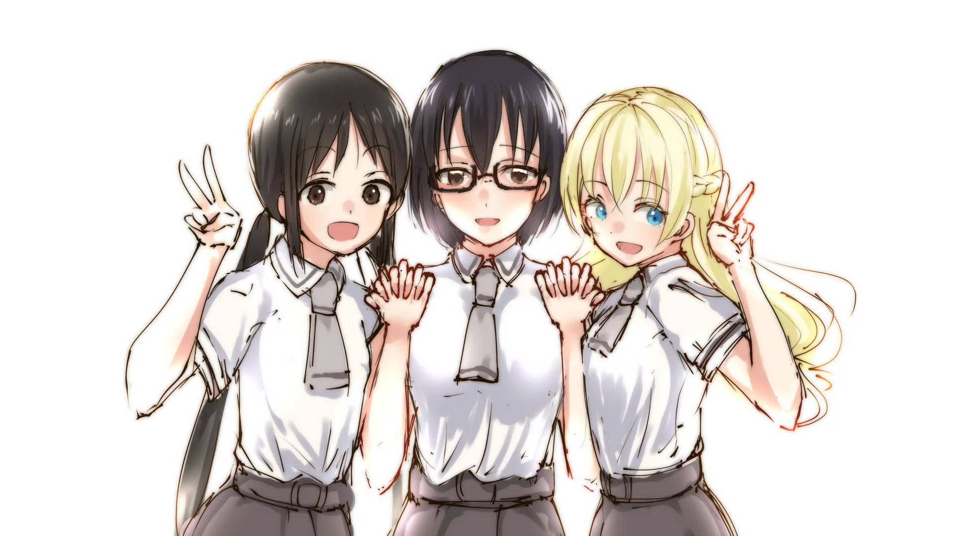 asobi asobase 桌布 壁紙 — 三個穿著校服的開心動漫女孩在純白色背景前一起擺姿勢，比出和平手勢。